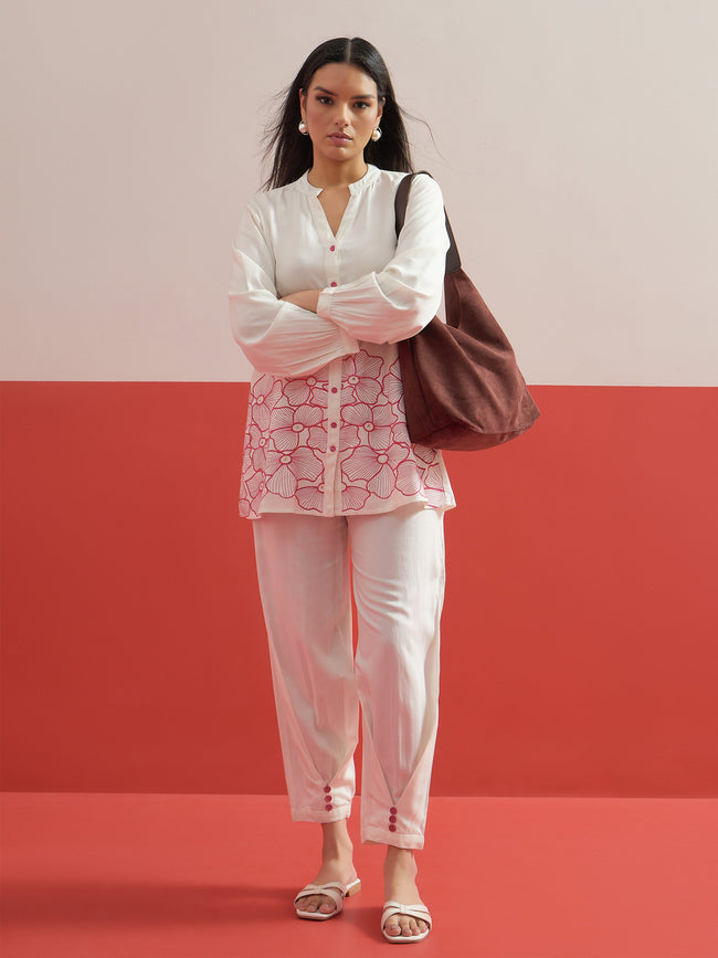 Women White Hem Embroidered Shirt With Pleated Pants