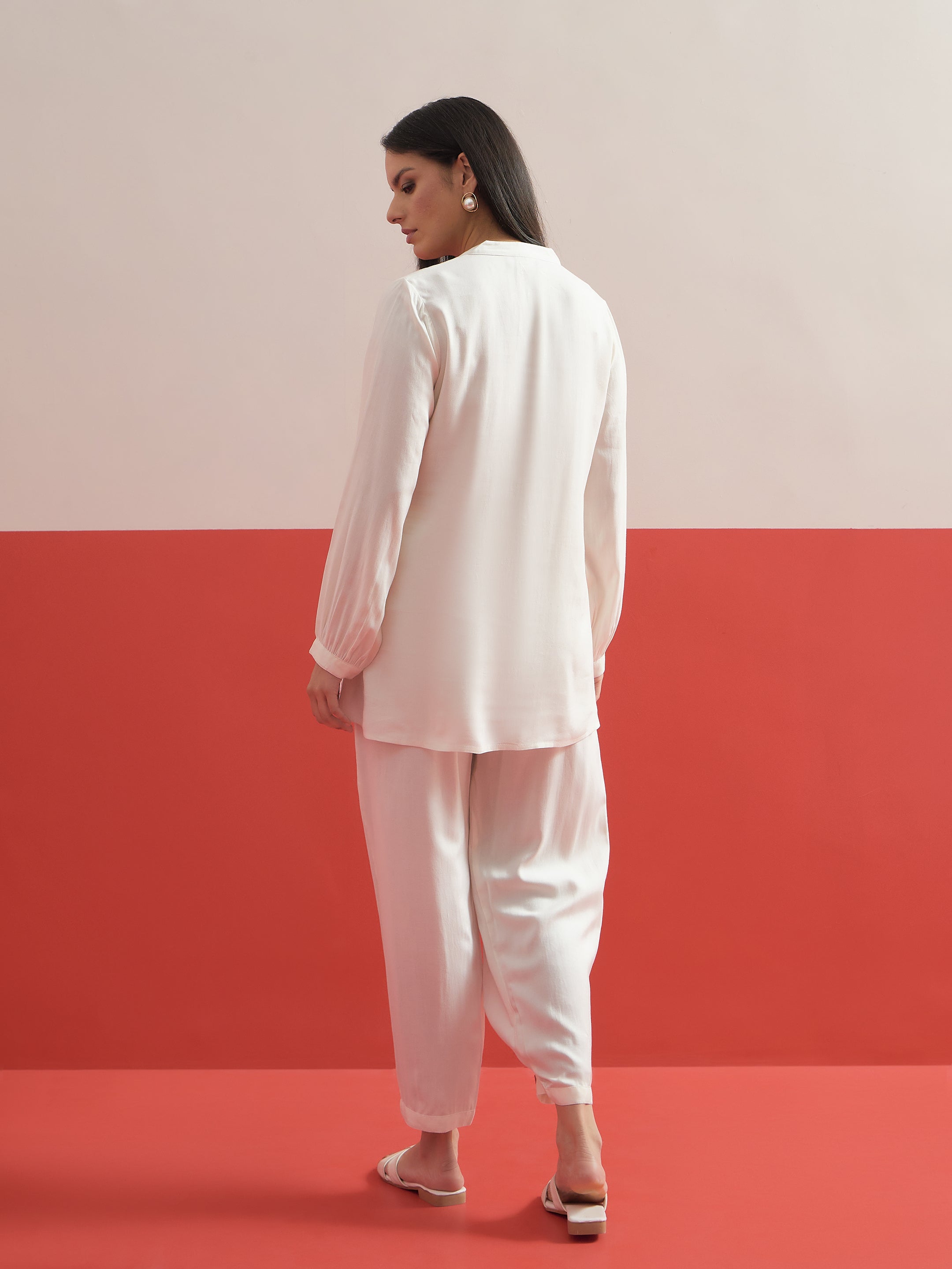 Women White Hem Embroidered Shirt With Pleated Pants