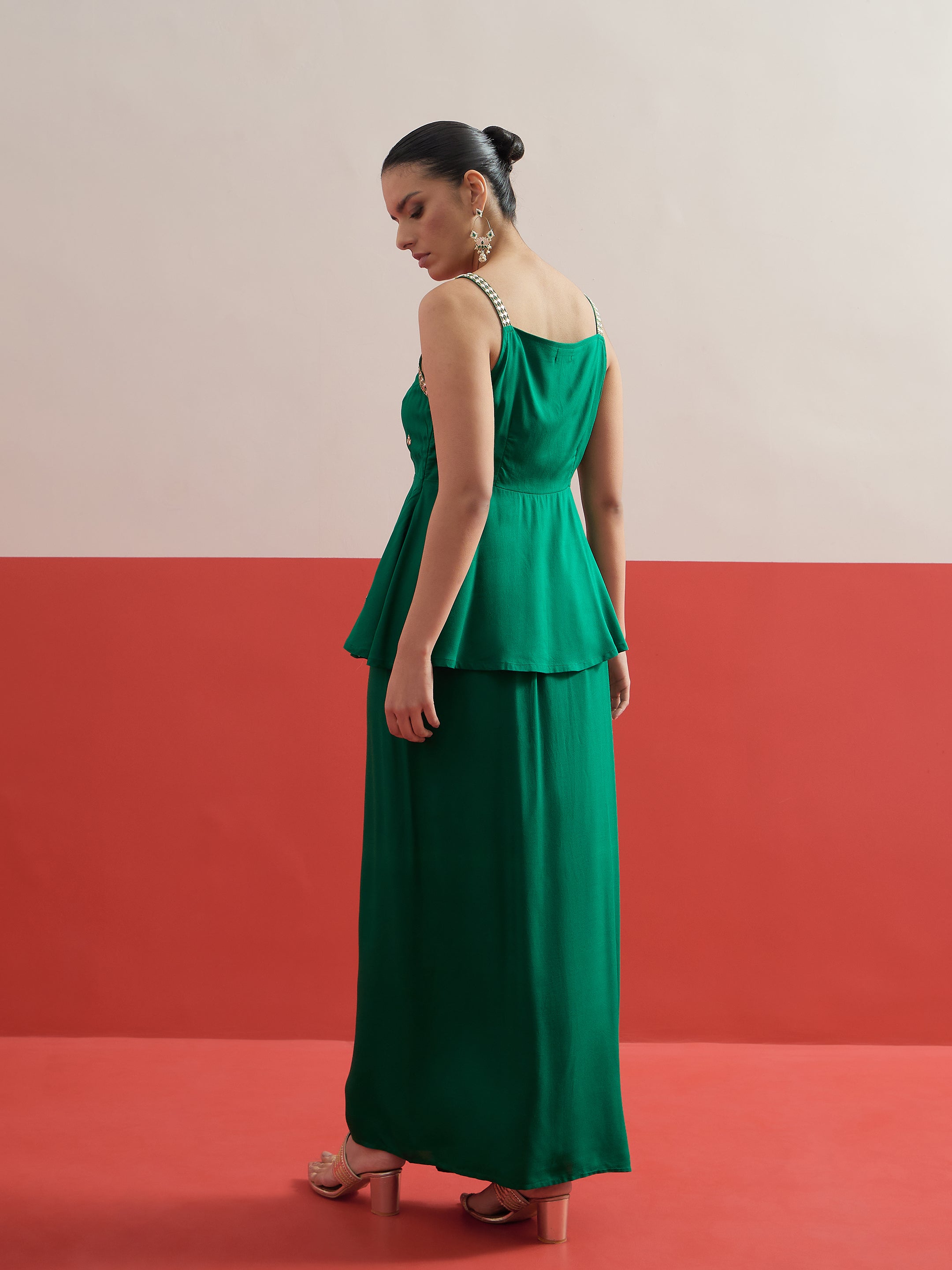 Women Green Embroidered Strappy Top With Dhoti Skirt