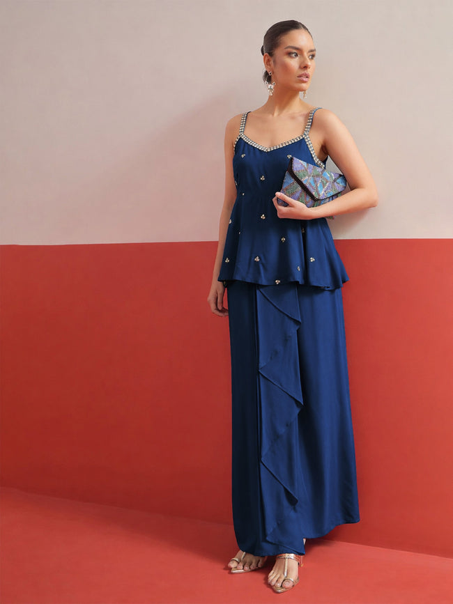 Women Navy Embroidered Strappy Top With Dhoti Skirt