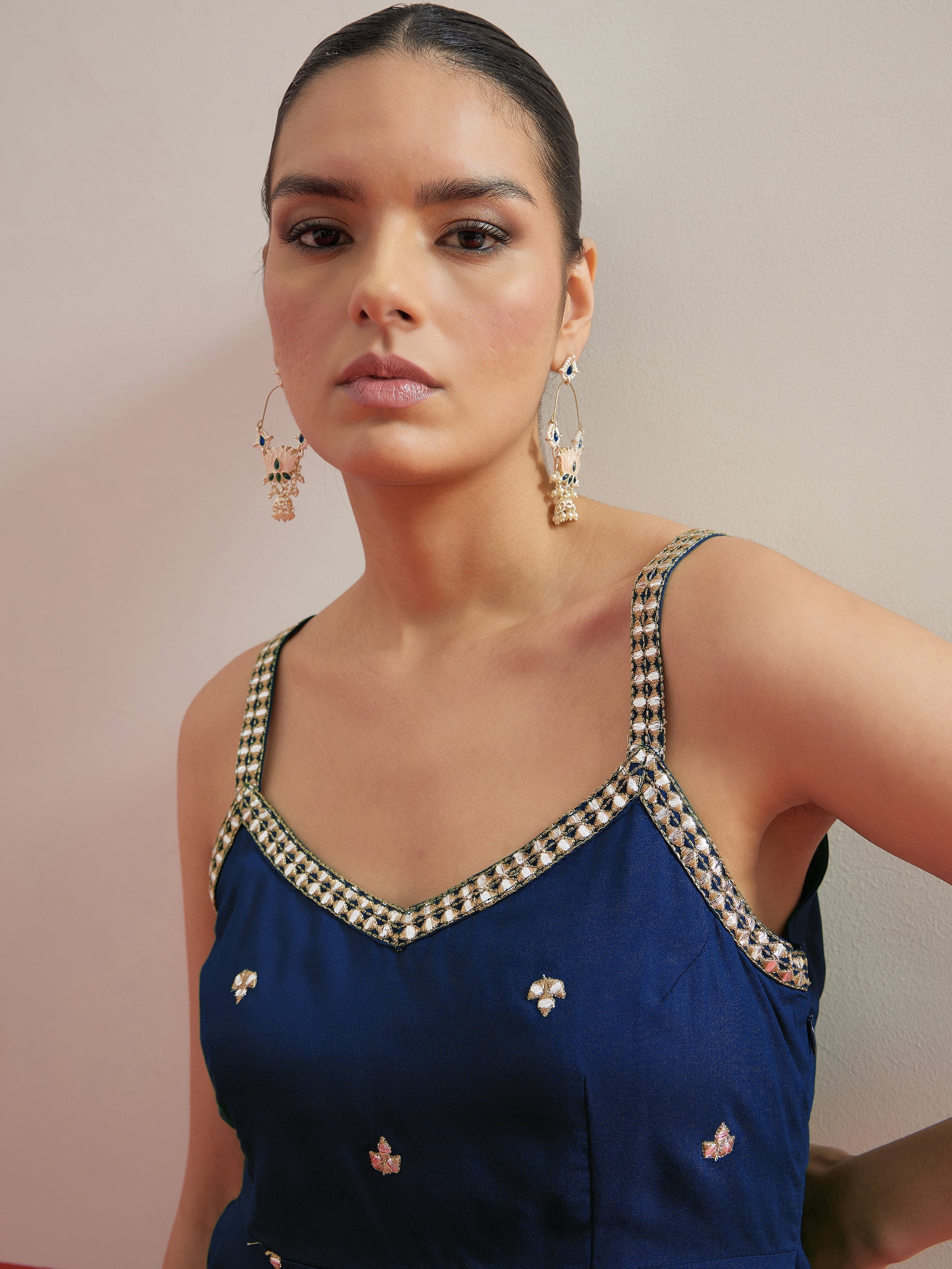 Women Navy Embroidered Strappy Top With Dhoti Skirt