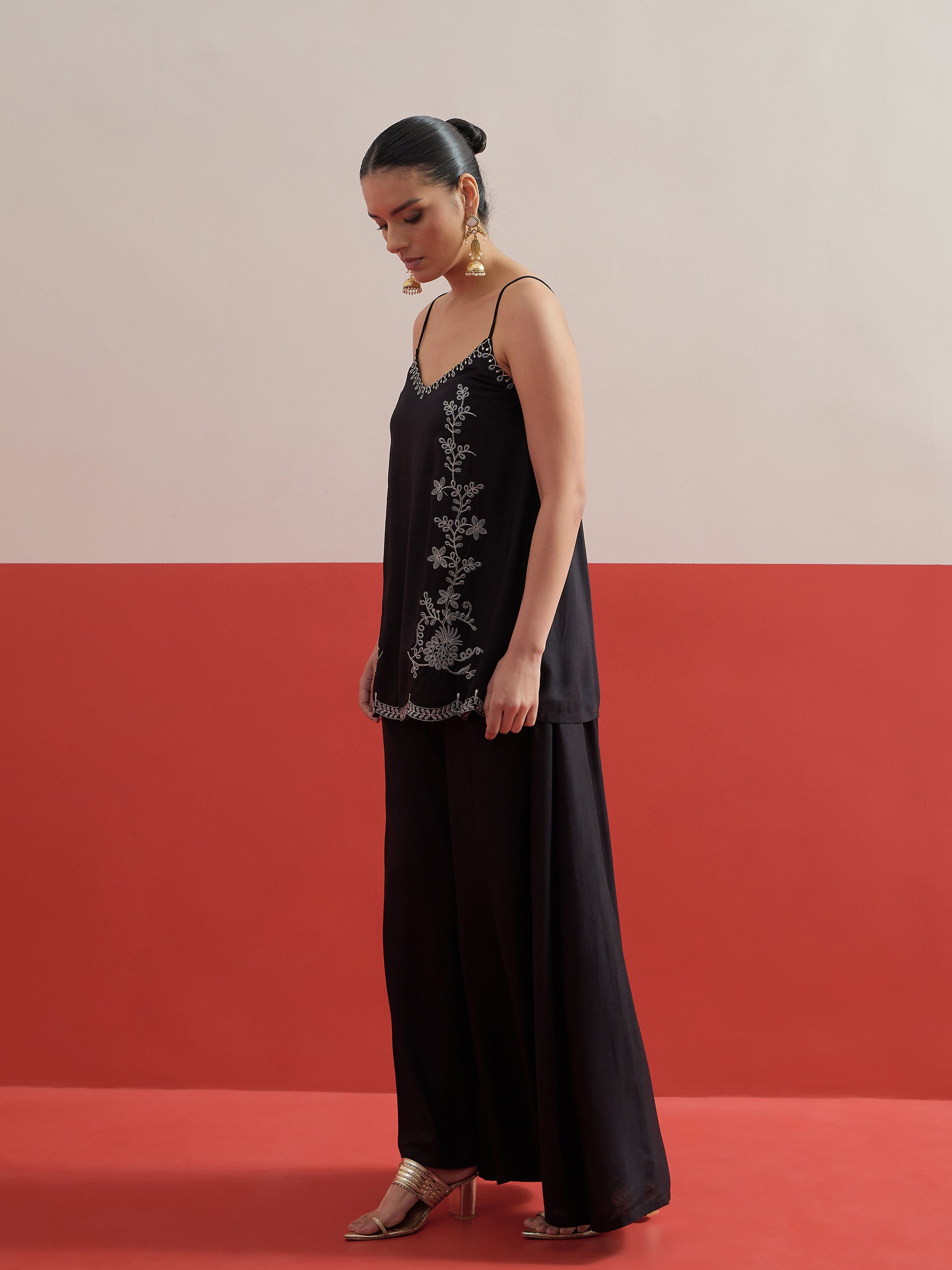 Women Black Embroidered Strappy Top With Palazzos