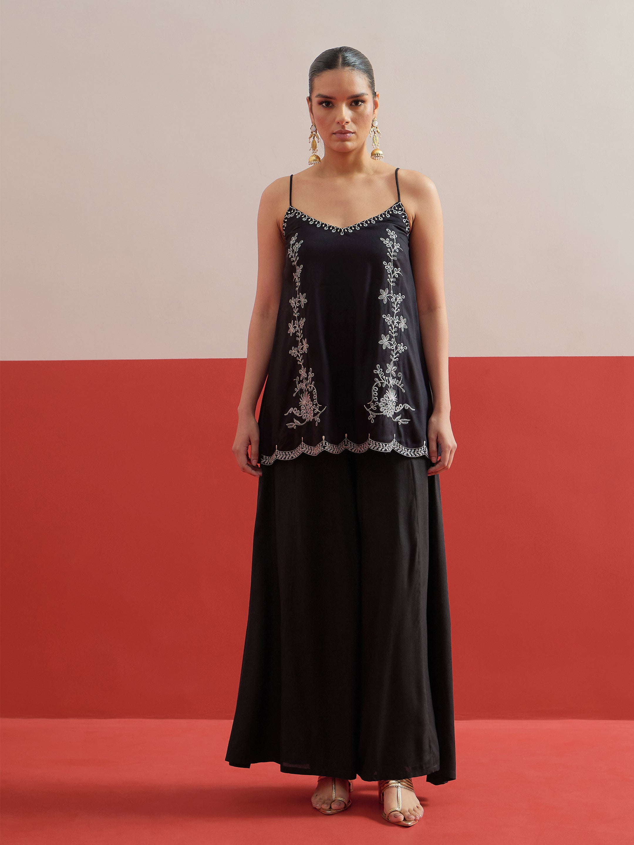 Women Black Embroidered Strappy Top With Palazzos
