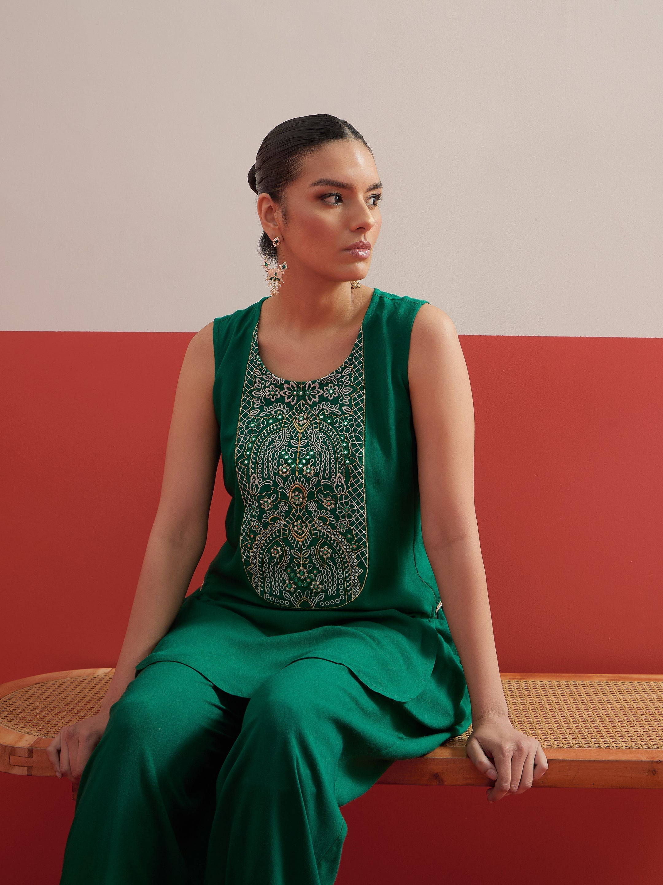 Women Green Embroidered Short Kurti With Pharsi Salwar