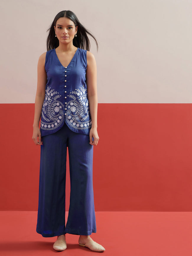 Women Blue Embroidered Sleeveless Button Down Top With Palazzos
