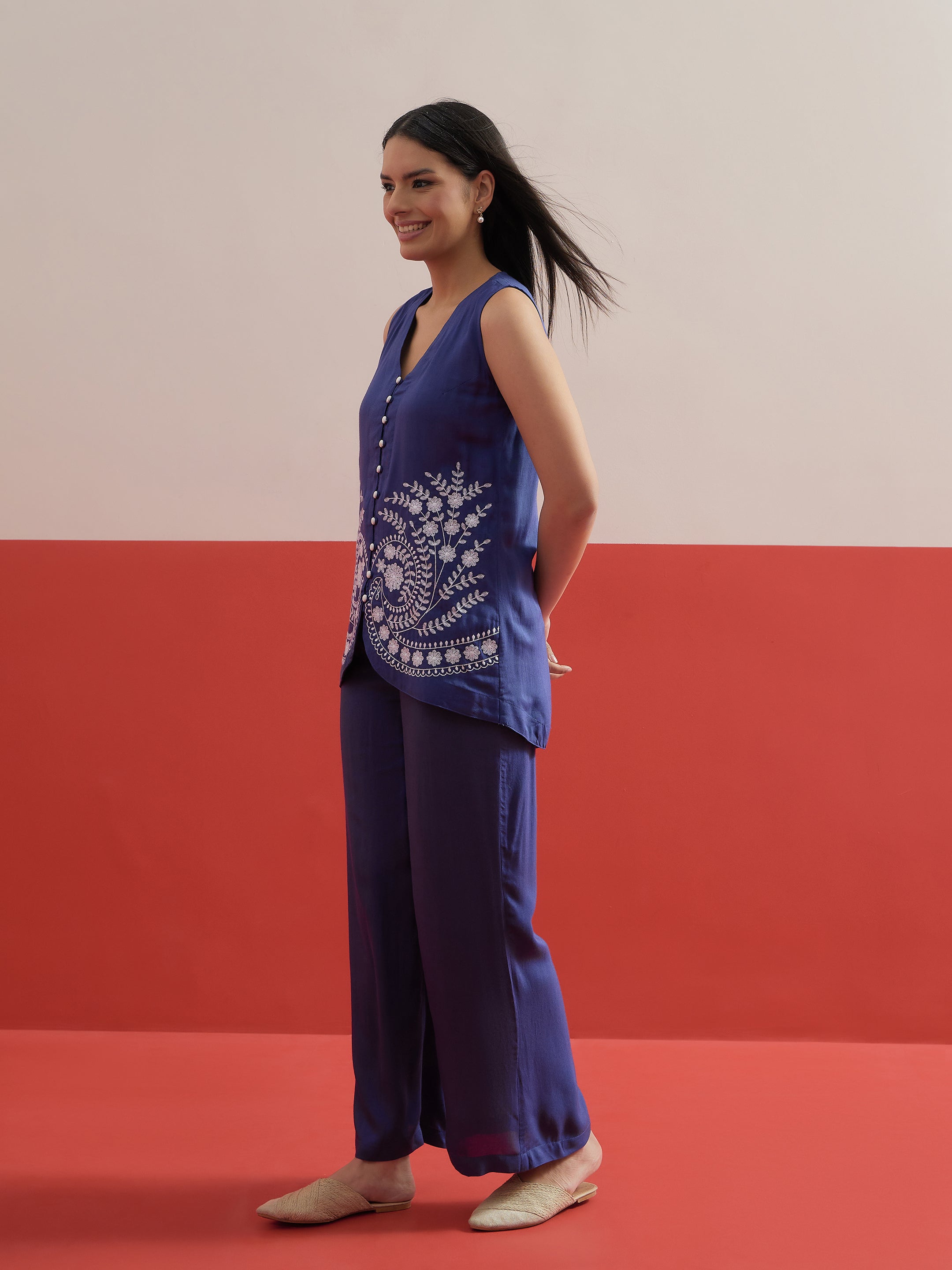 Women Blue Embroidered Sleeveless Button Down Top With Palazzos