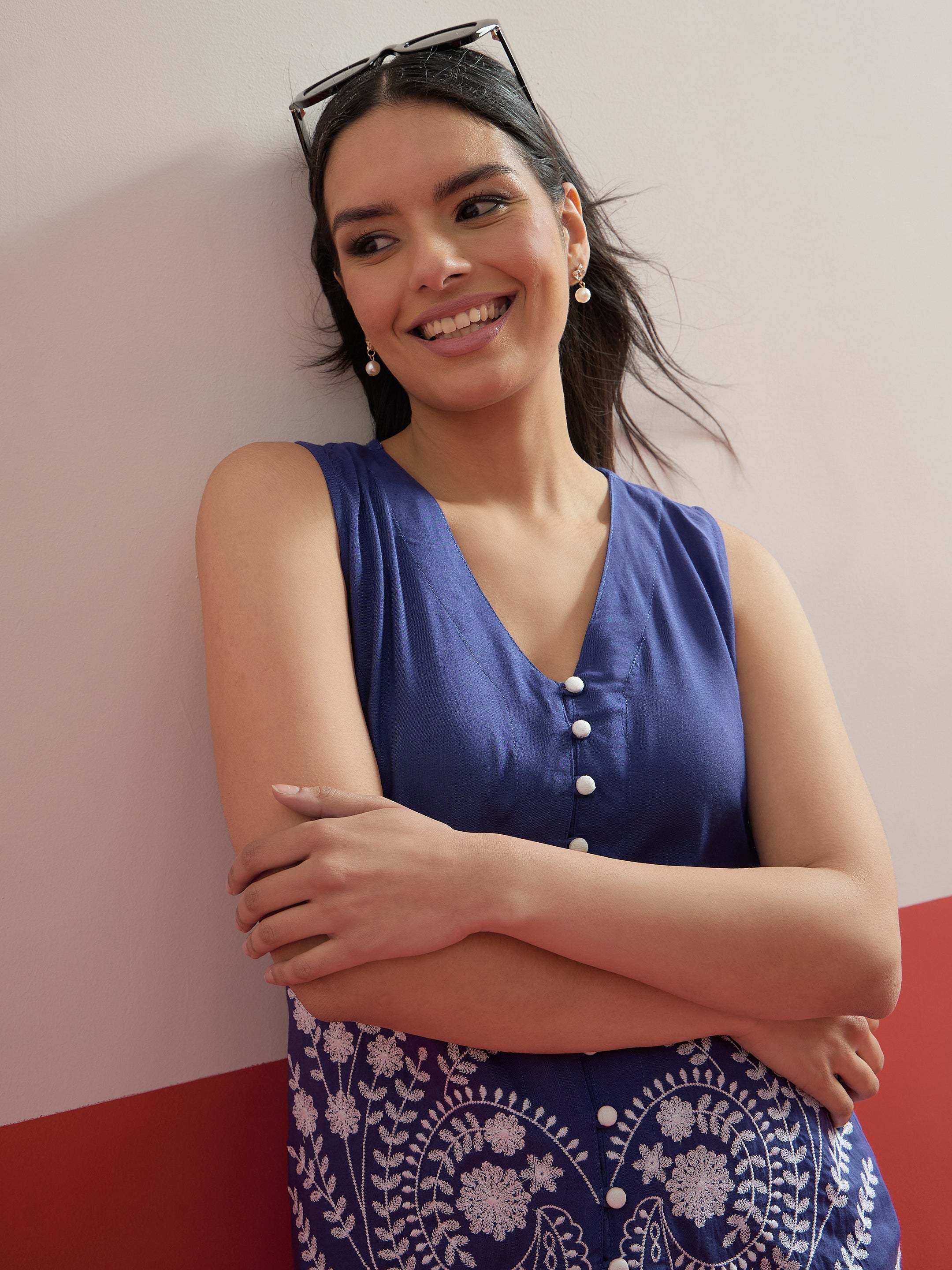 Women Blue Embroidered Sleeveless Button Down Top With Palazzos