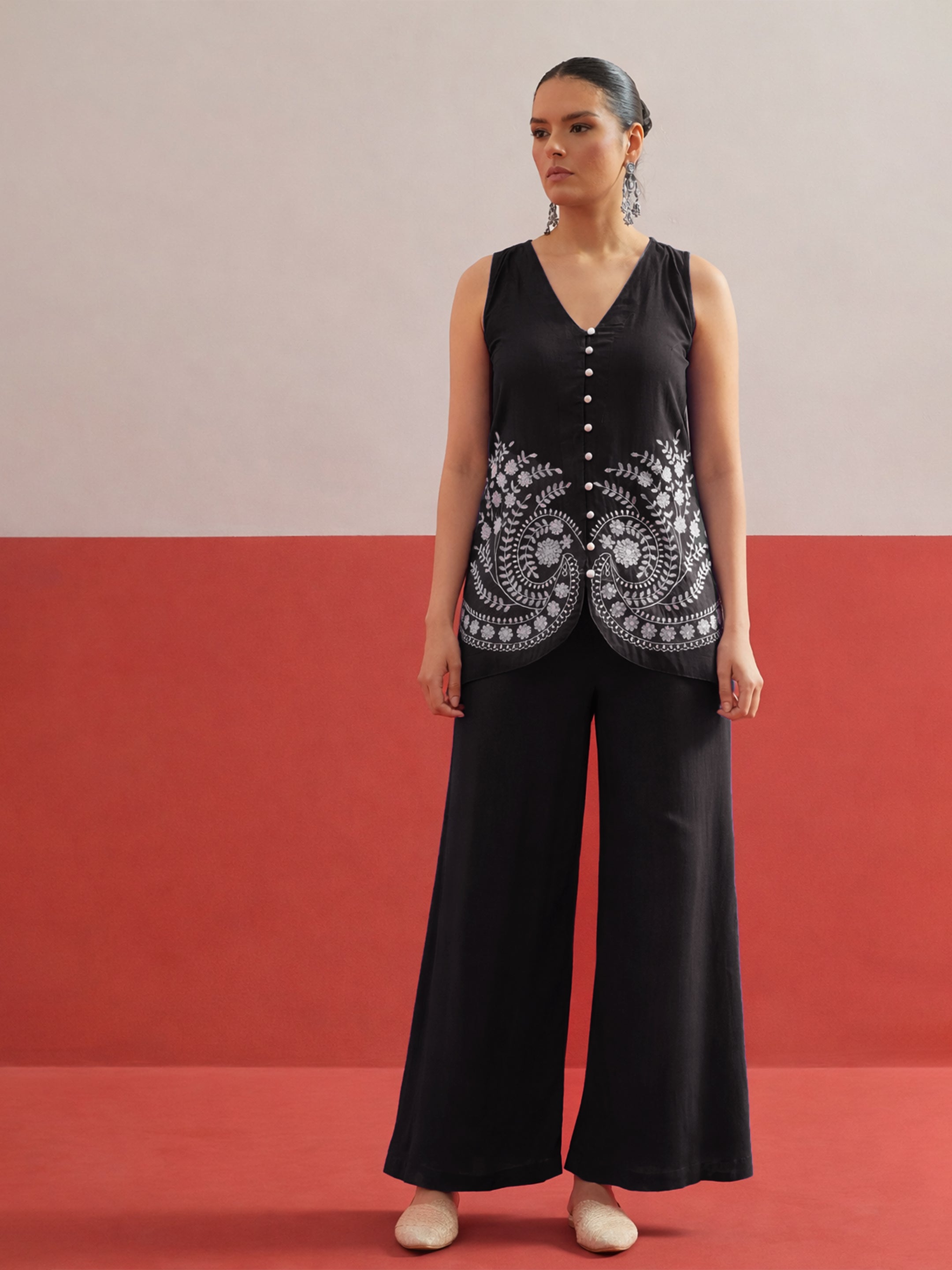 Women Black Embroidered Sleeveless Button Down Top With Palazzos