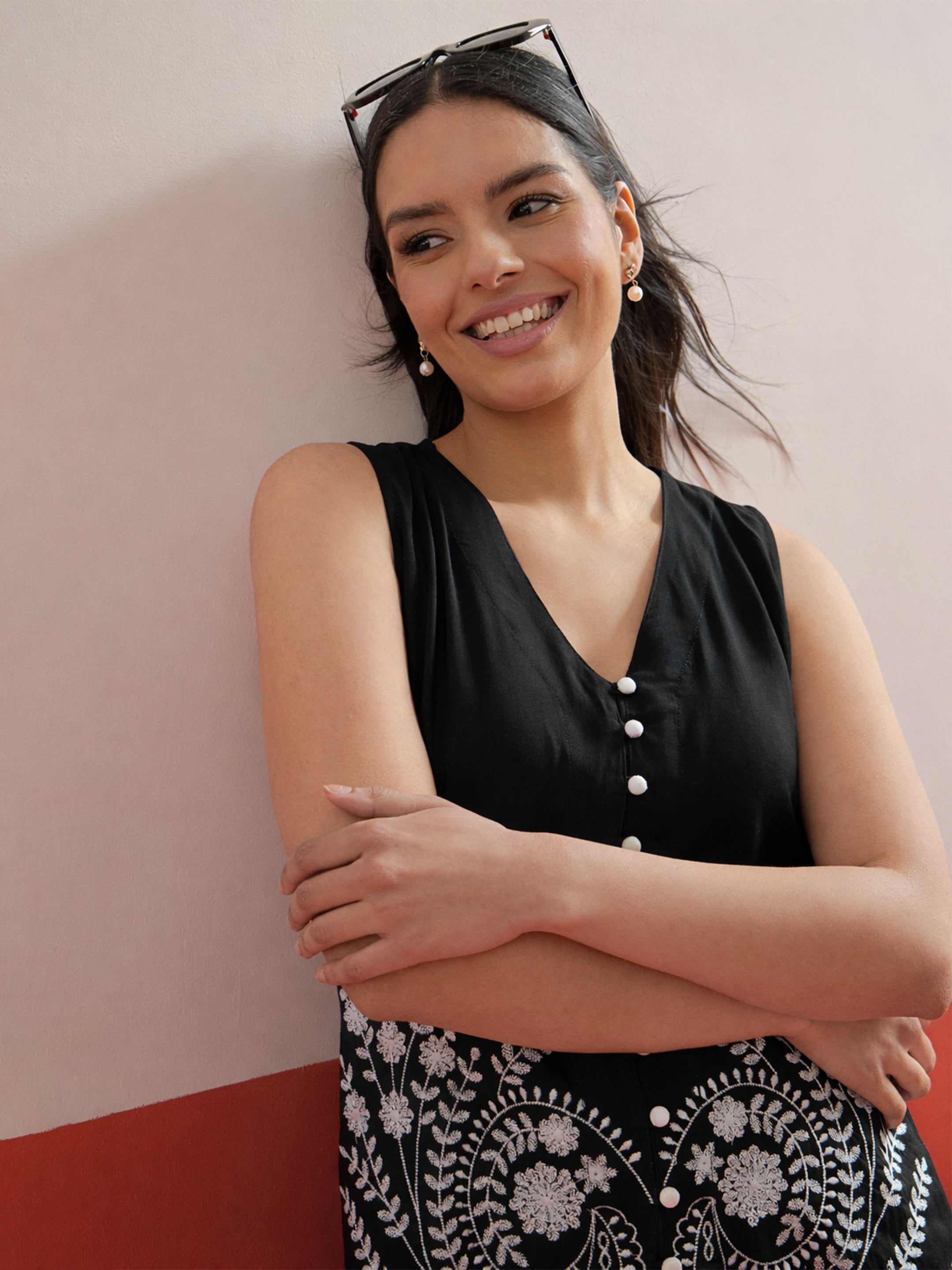 Women Black Embroidered Sleeveless Button Down Top With Palazzos