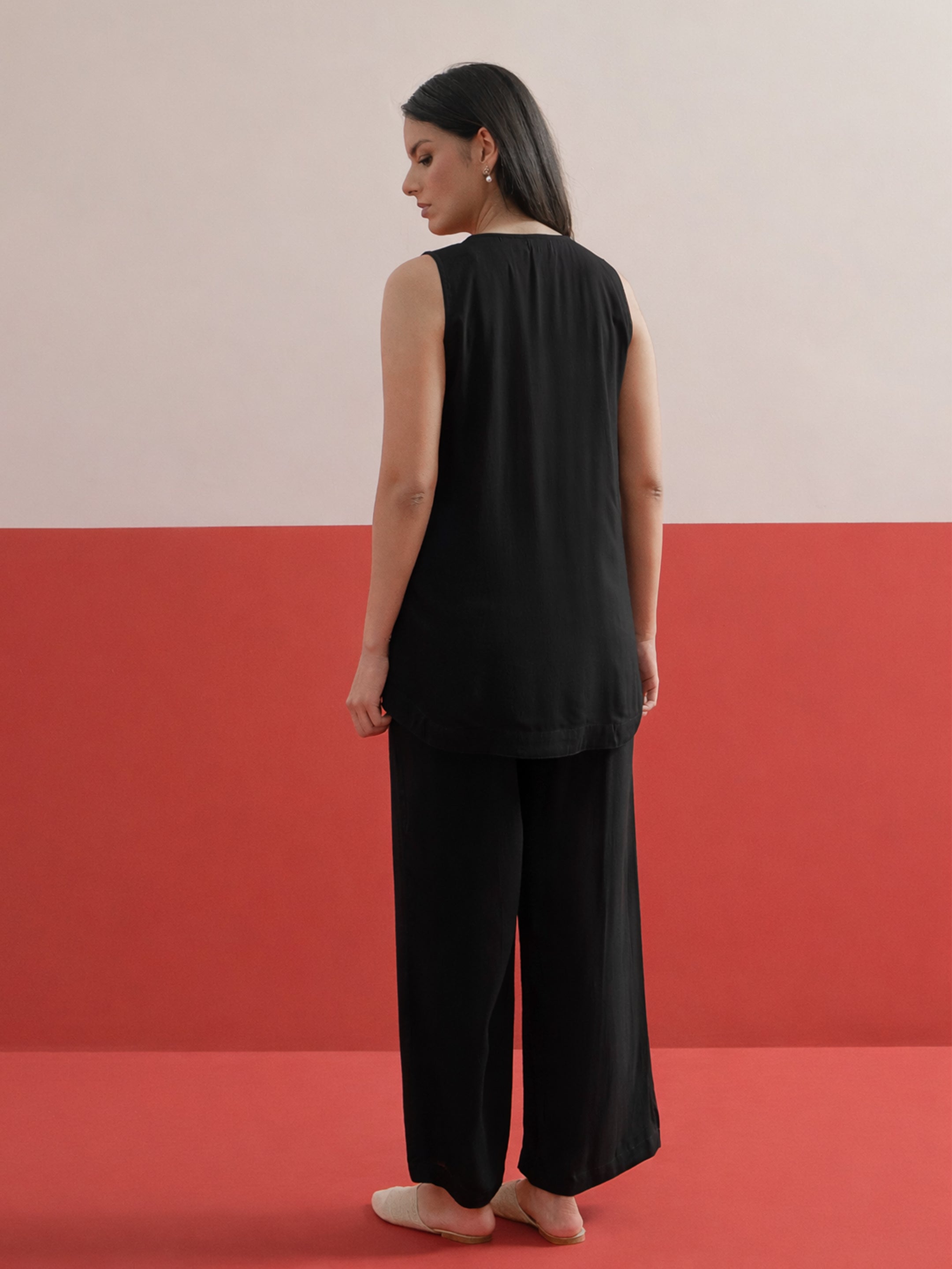 Women Black Embroidered Sleeveless Button Down Top With Palazzos