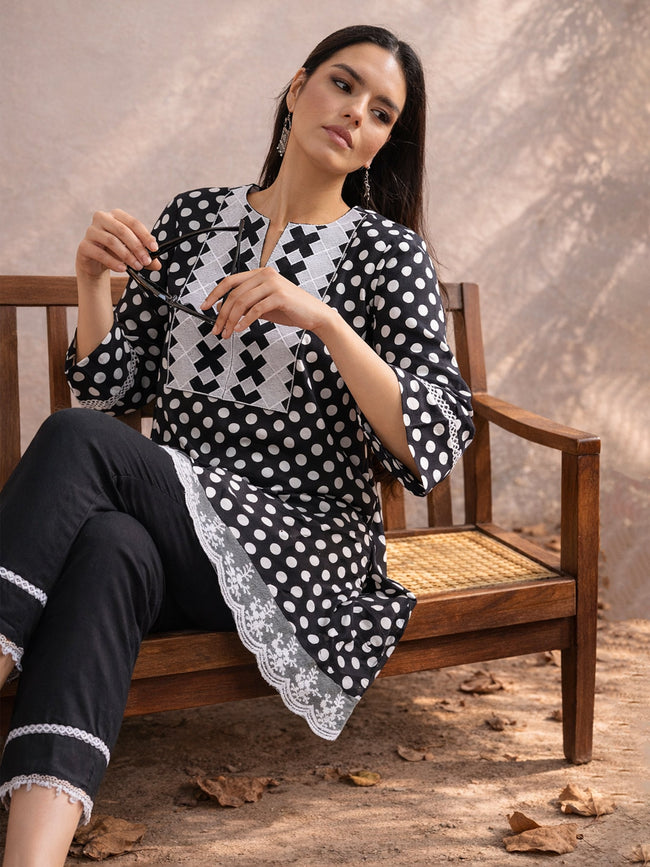 Women Black Polka Dot Embroidered Short Kurti With Pencil Pants
