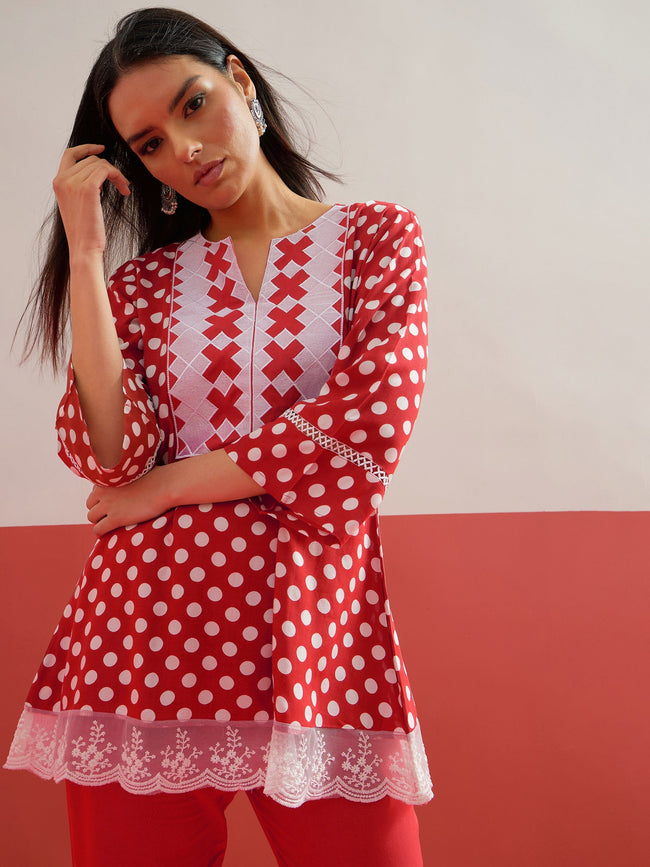 Women Red Polka Dot Embroidered Short Kurti With Pencil Pants