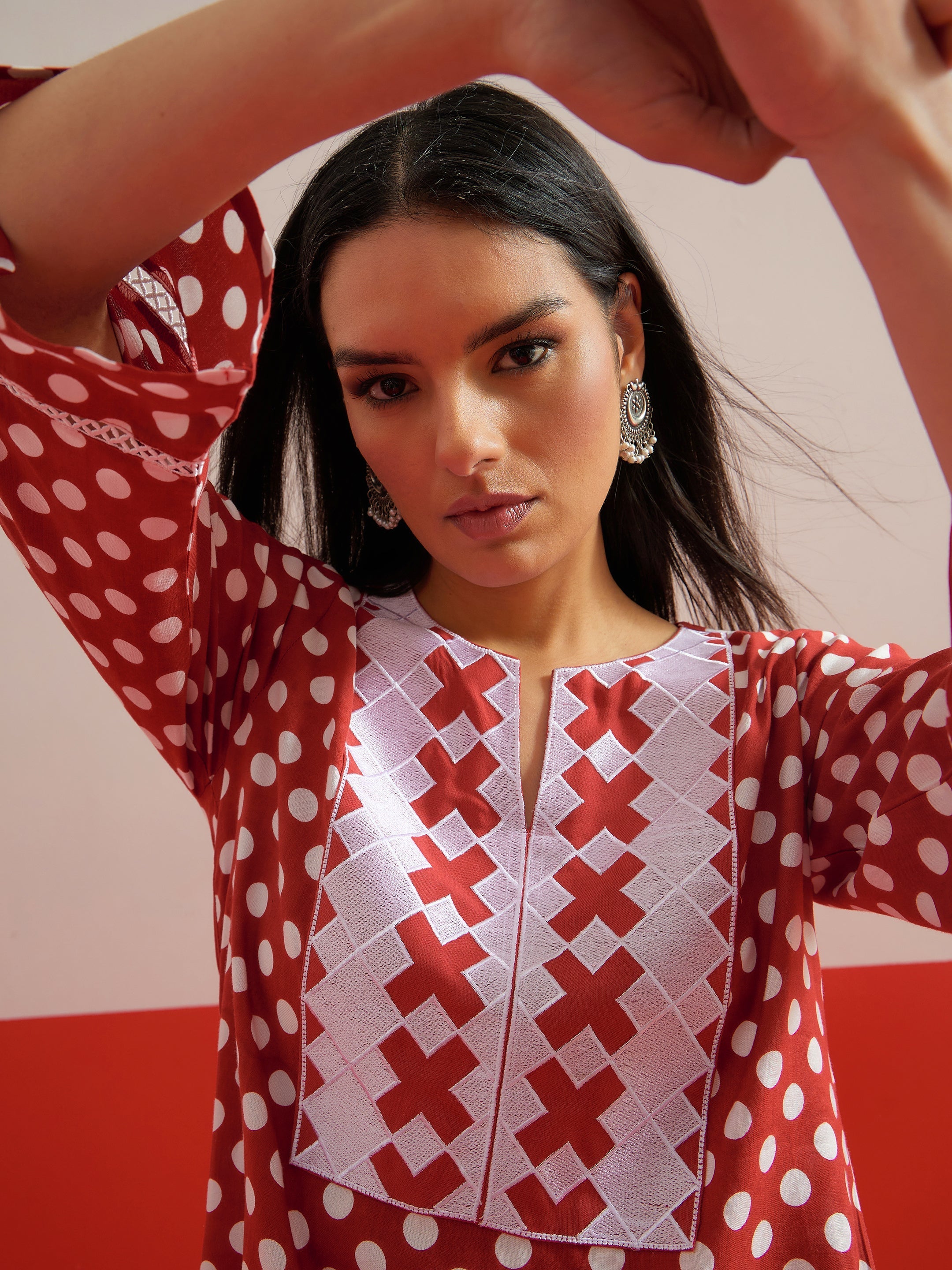 Women Red Polka Dot Embroidered Short Kurti With Pencil Pants