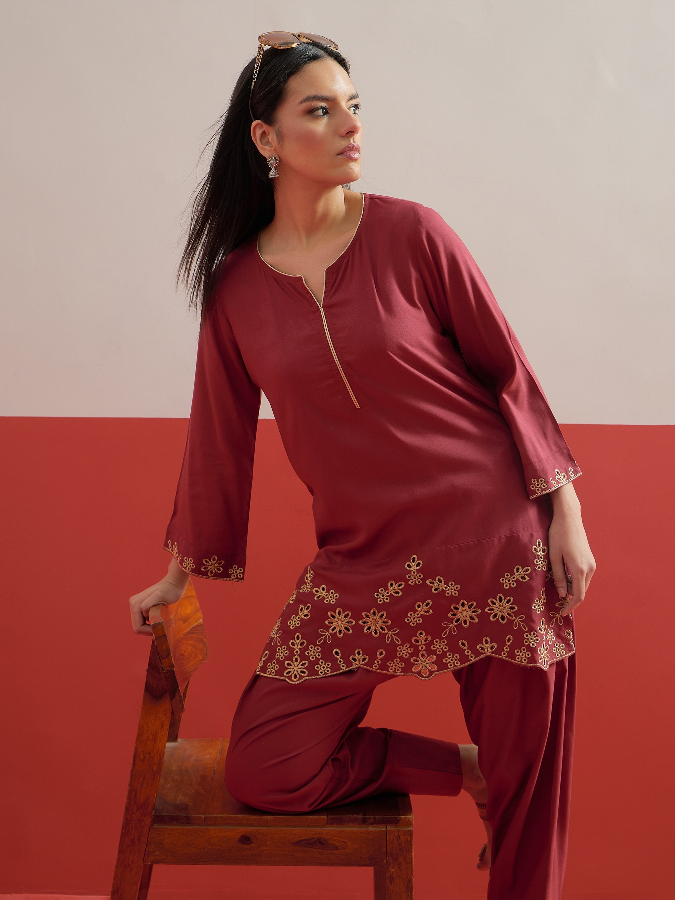 Women Maroon Zari Embroidered Short Kurti With Pharsi Salwar