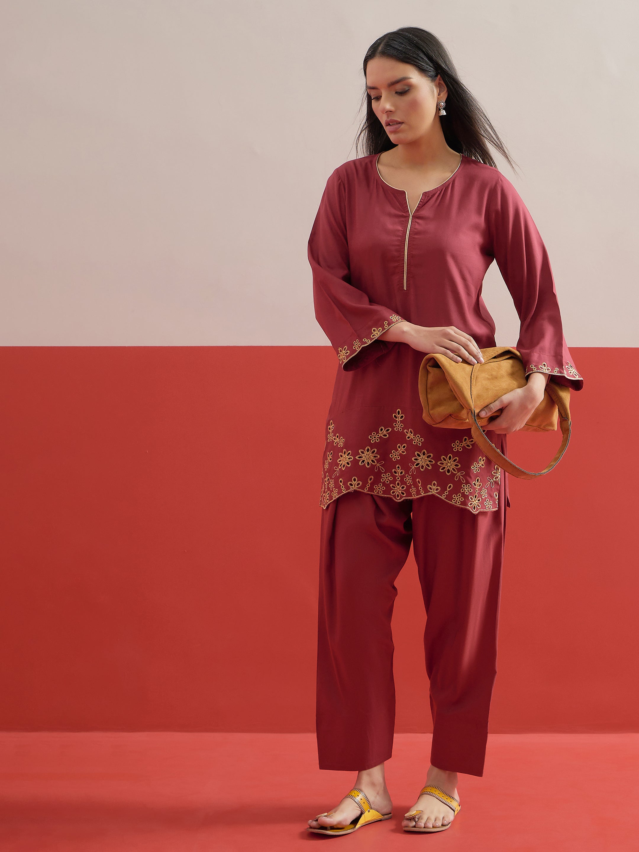Women Maroon Zari Embroidered Short Kurti With Pharsi Salwar