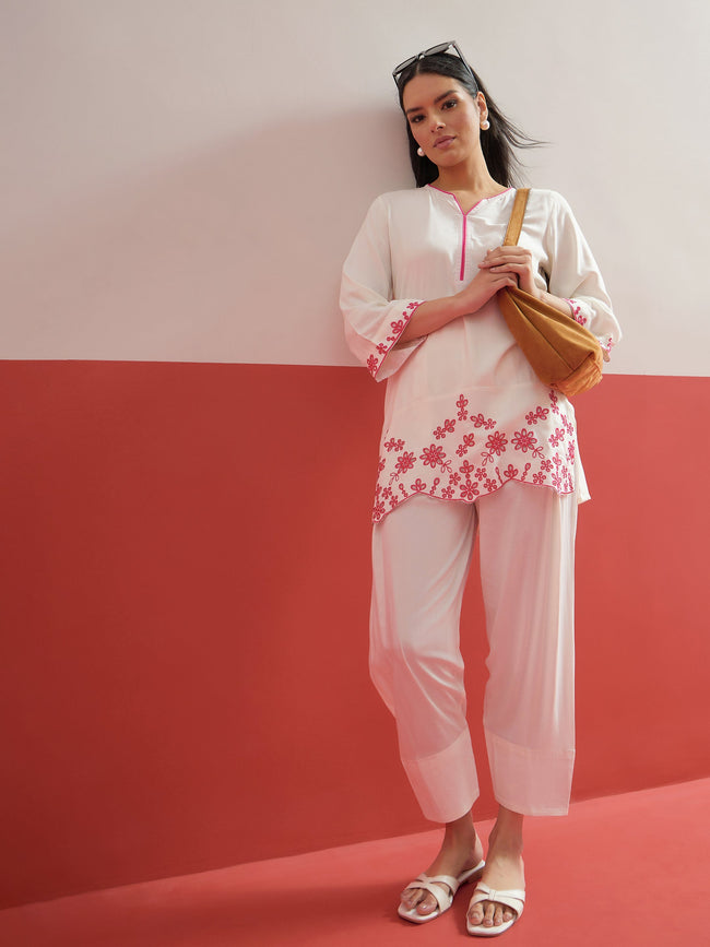 Women White Thread Embroidered Short Kurti With Pharsi Salwar
