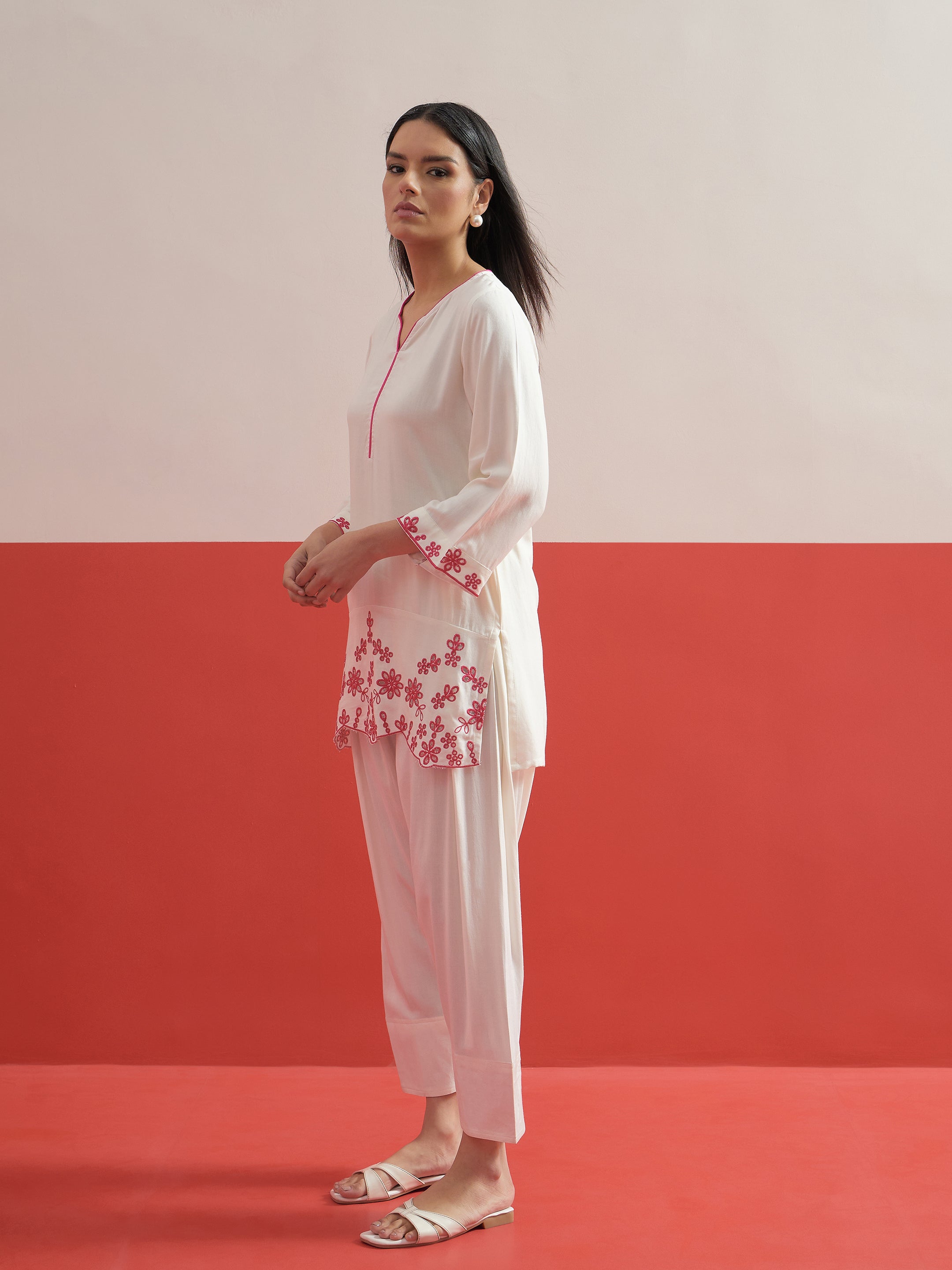 Women White Thread Embroidered Short Kurti With Pharsi Salwar