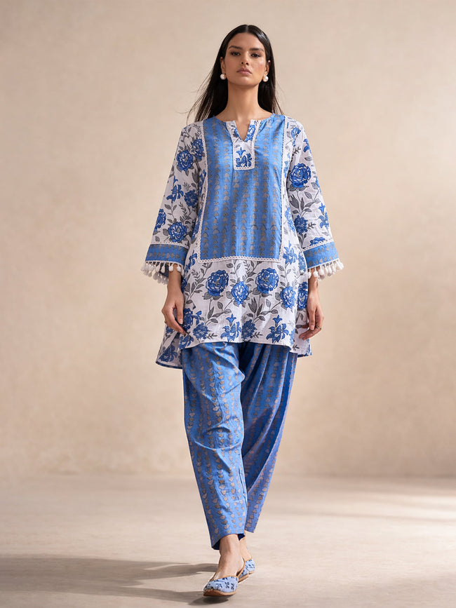 Women Blue Floral Short Kurti With Pharsi Salwar