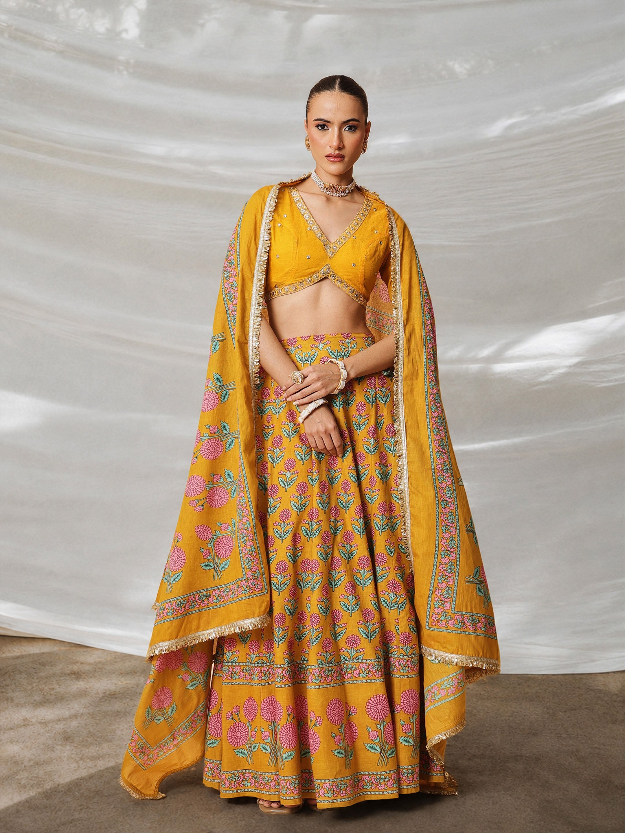 Women Yellow Embroidered Crop Top With Anarkali Skirt & Dupatta