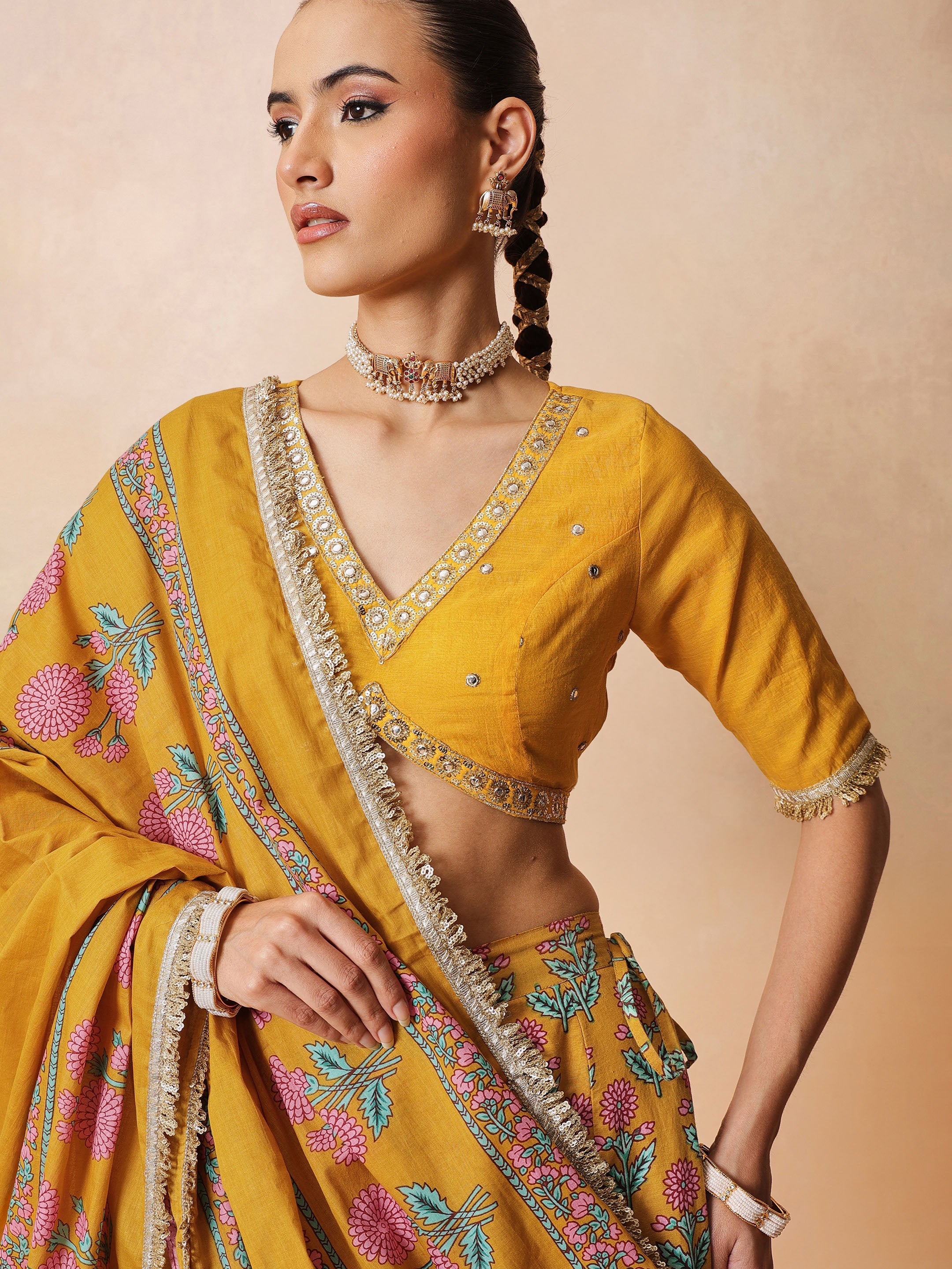 Women Yellow Embroidered Crop Top With Anarkali Skirt & Dupatta