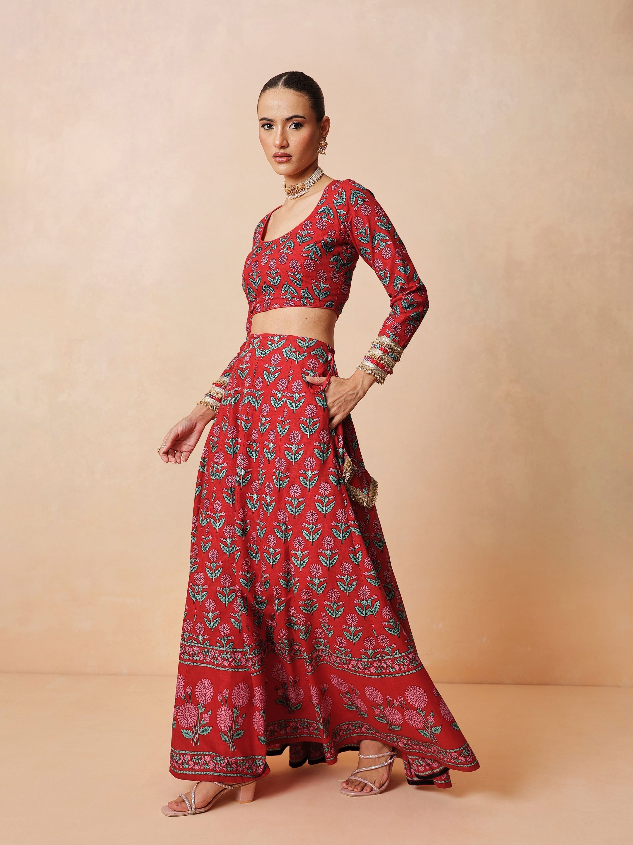 Women Red Floral Round Neck Crop Top With Anarkali Skirt & Dupatta