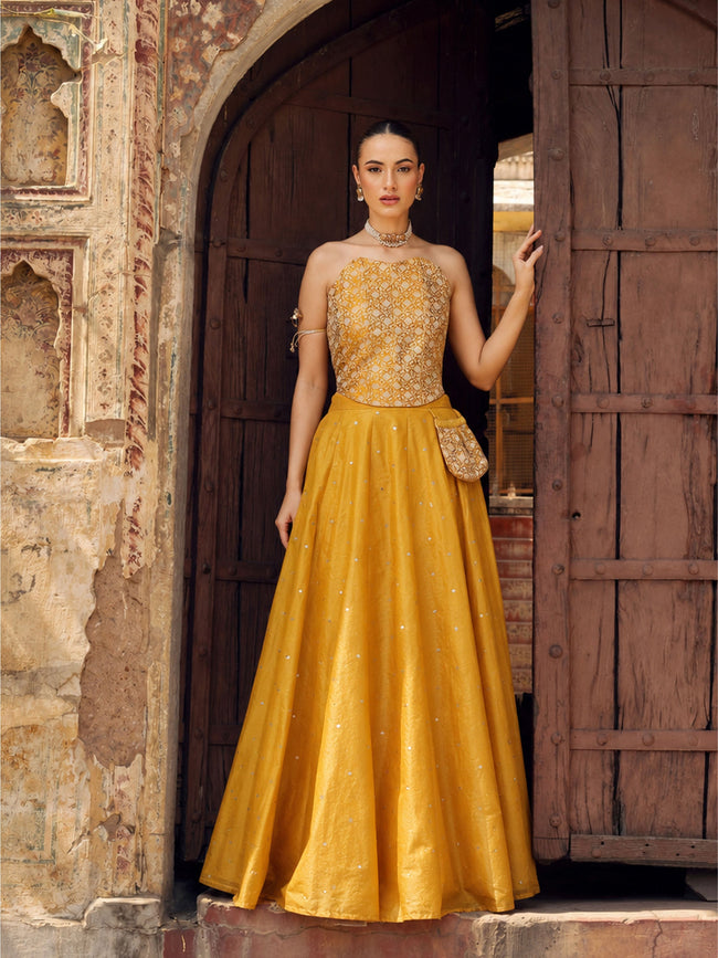 Women Yellow Brocade Corset Top With Chanderi Anarkali Skirt