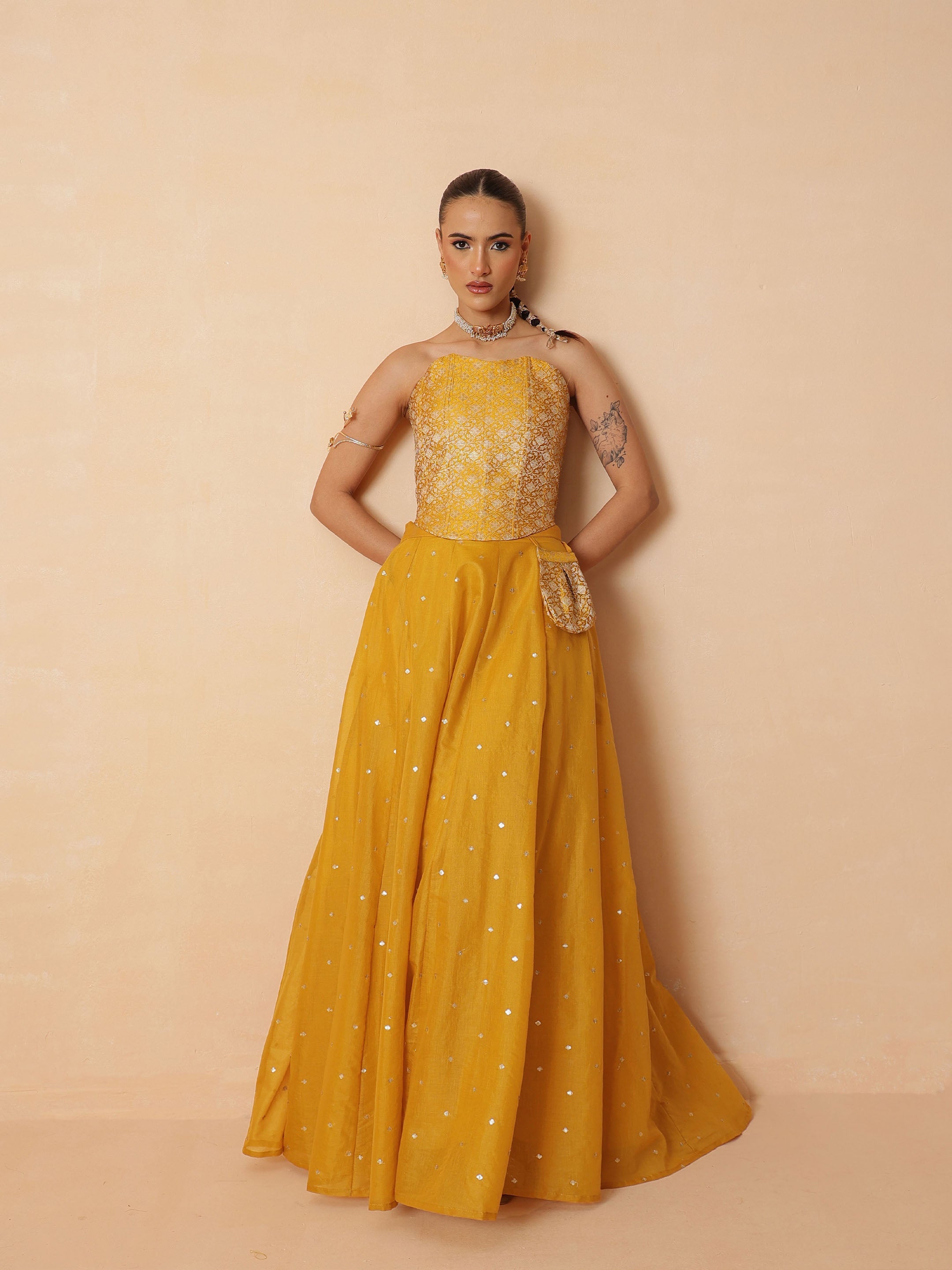 Women Yellow Brocade Corset Top With Chanderi Anarkali Skirt