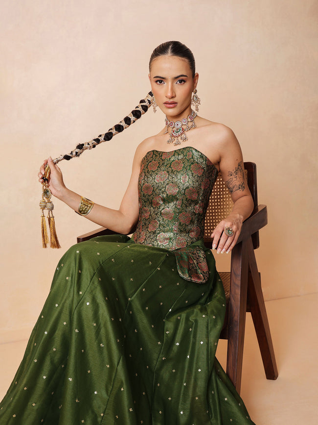 Women Olive Brocade Corset Top With Chanderi Anarkali Skirt