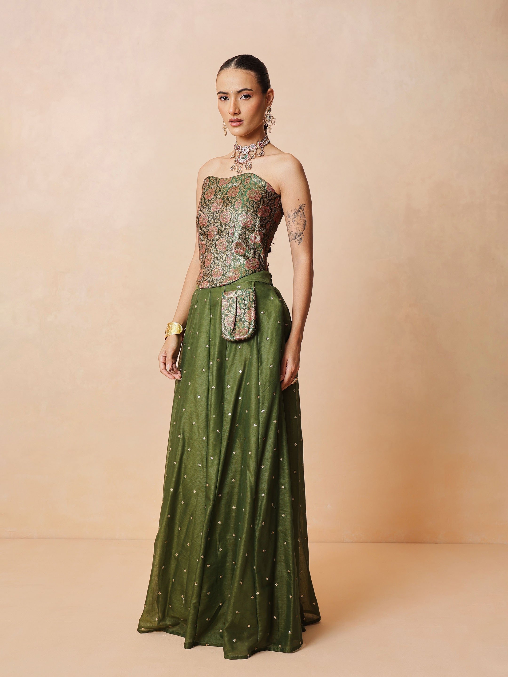 Women Olive Brocade Corset Top With Chanderi Anarkali Skirt