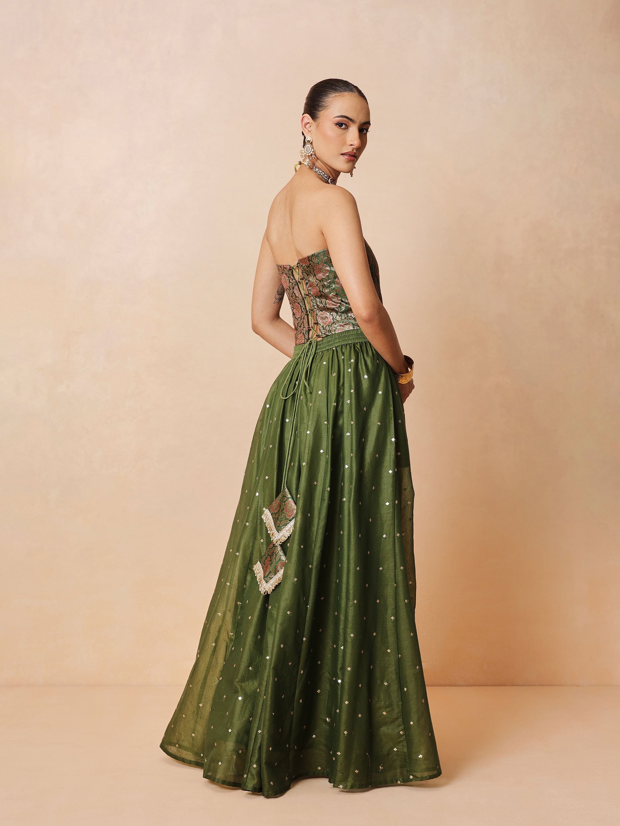 Women Olive Brocade Corset Top With Chanderi Anarkali Skirt