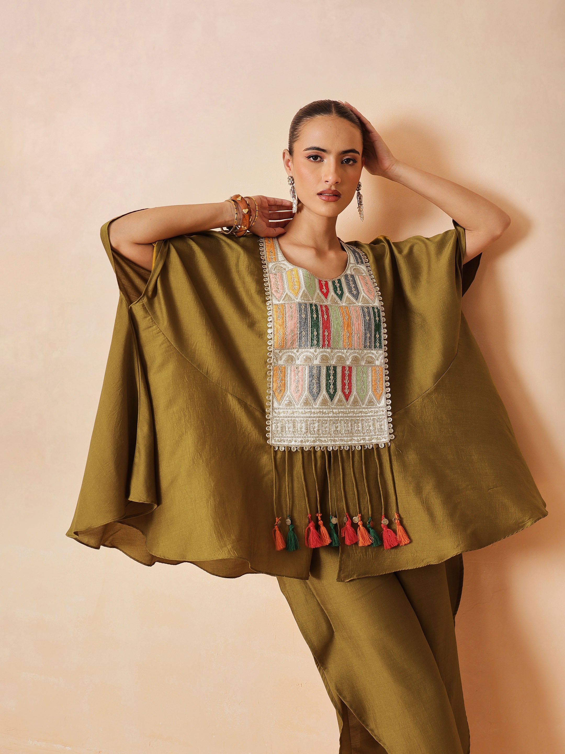Women Mustard Embroidered Patch Kaftan With Tulip Pants