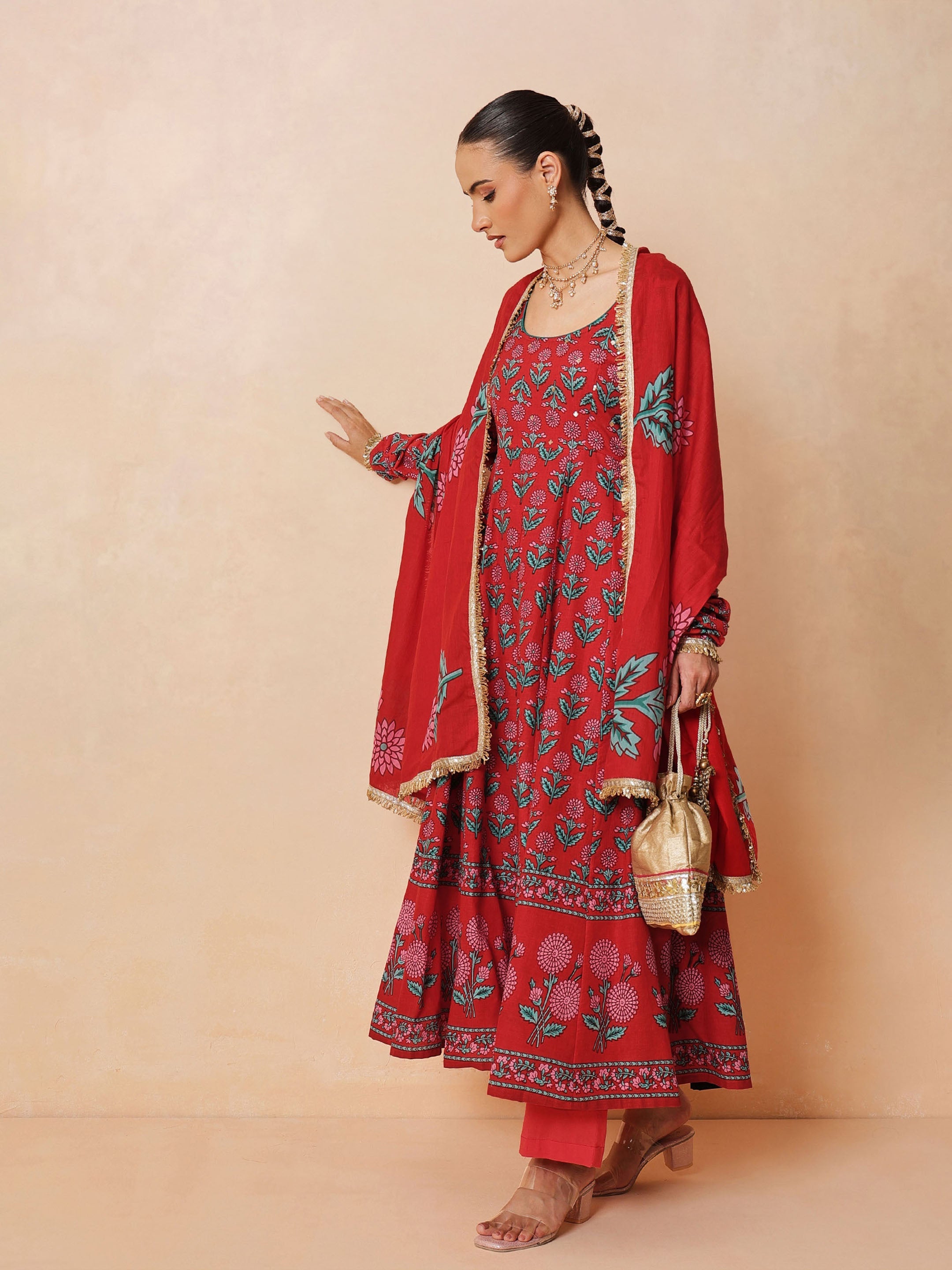 Women Red Floral Anarkali Kurta With Pencil Pants & Dupatta