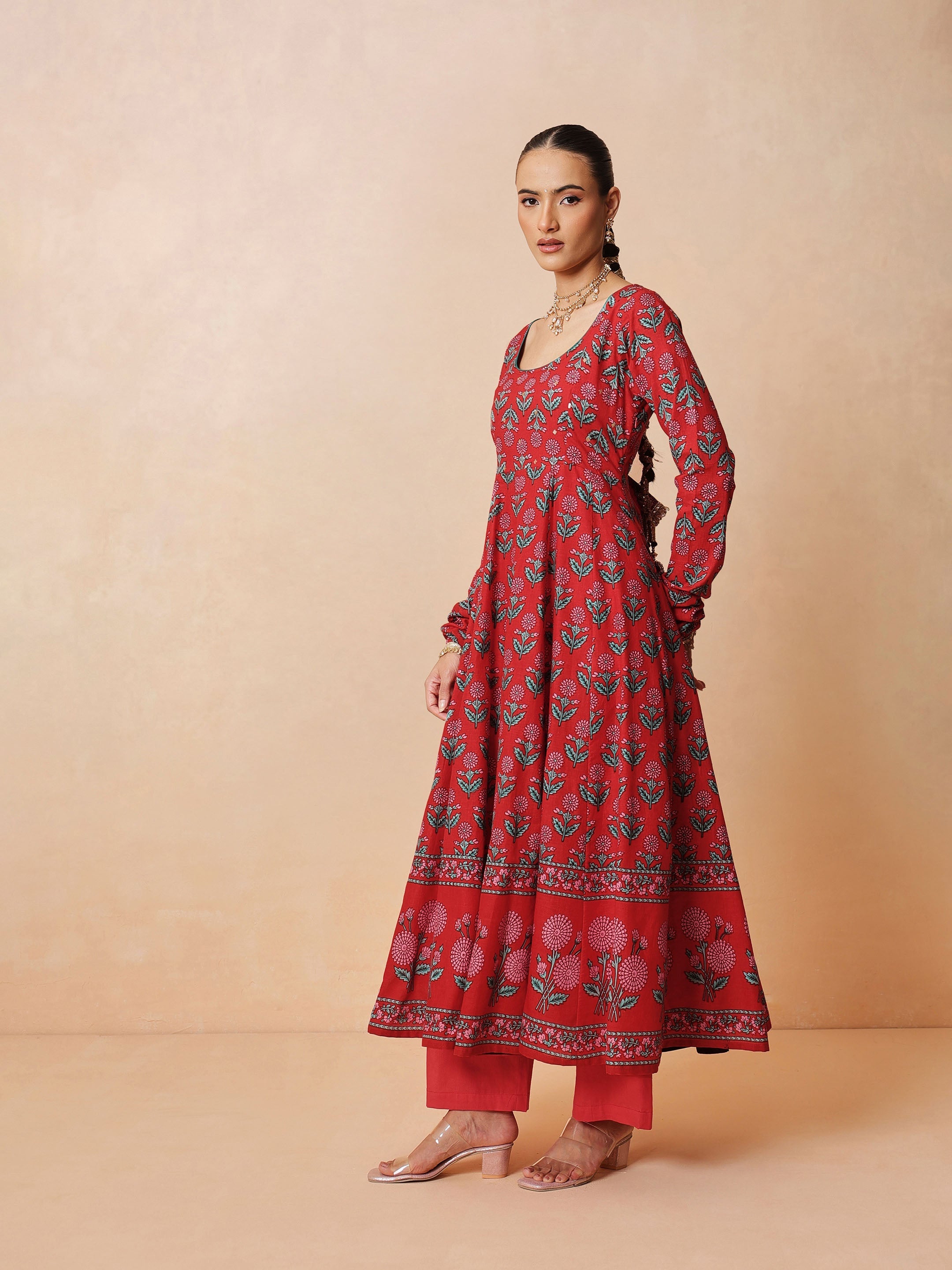 Women Red Floral Anarkali Kurta With Pencil Pants & Dupatta
