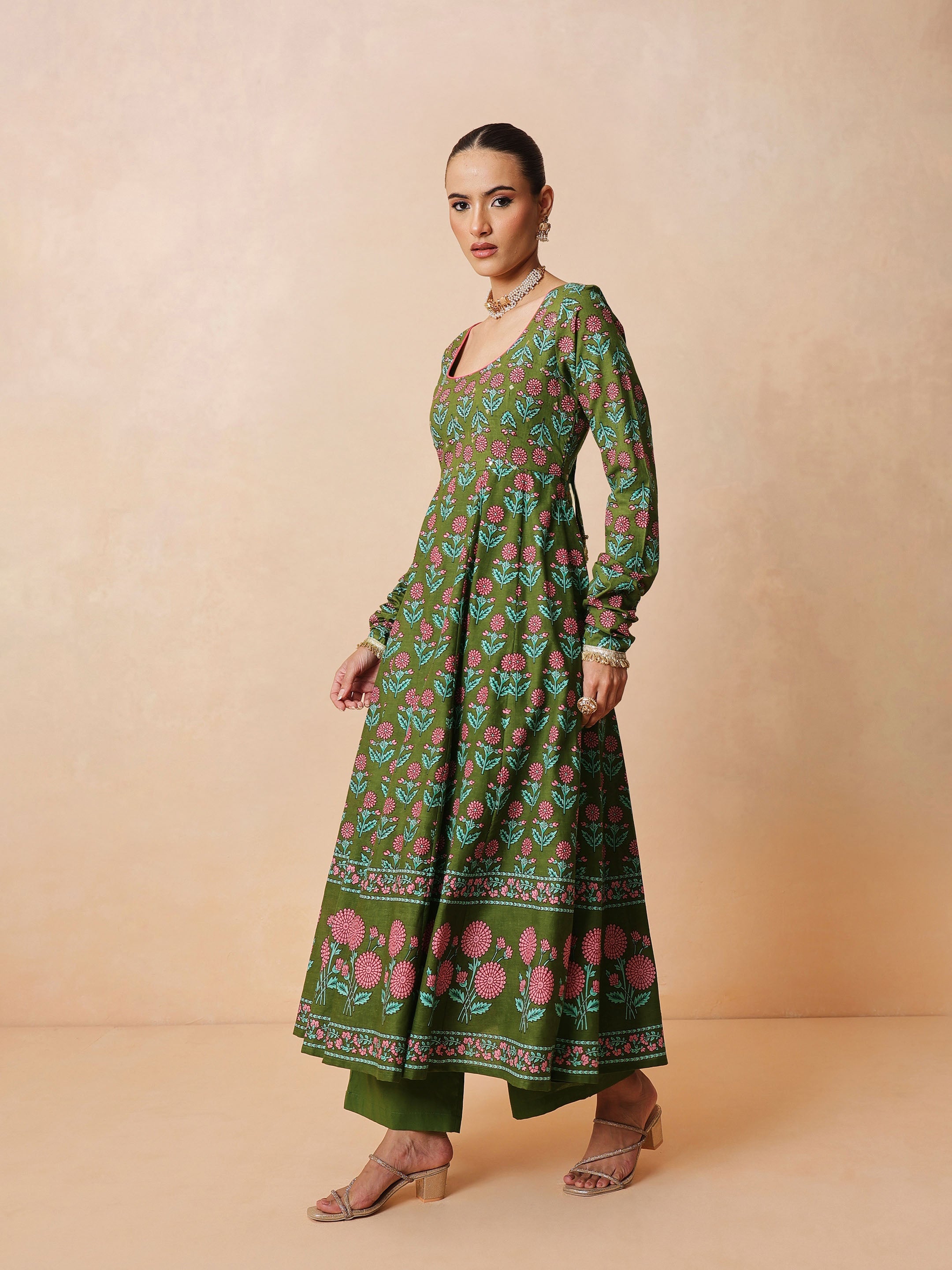 Women Olive Floral Anarkali Kurta With Pencil Pants & Dupatta