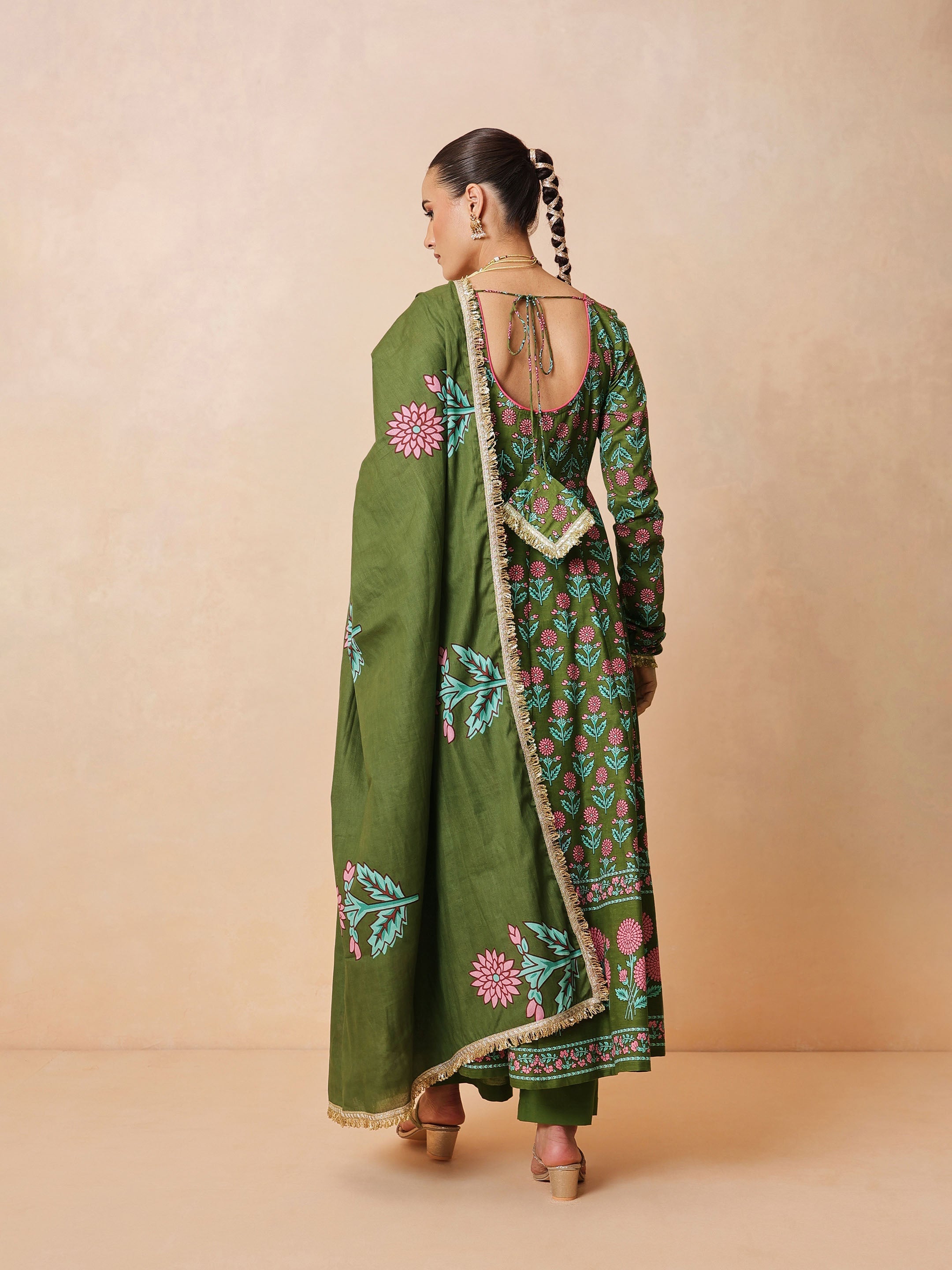 Women Olive Floral Anarkali Kurta With Pencil Pants & Dupatta