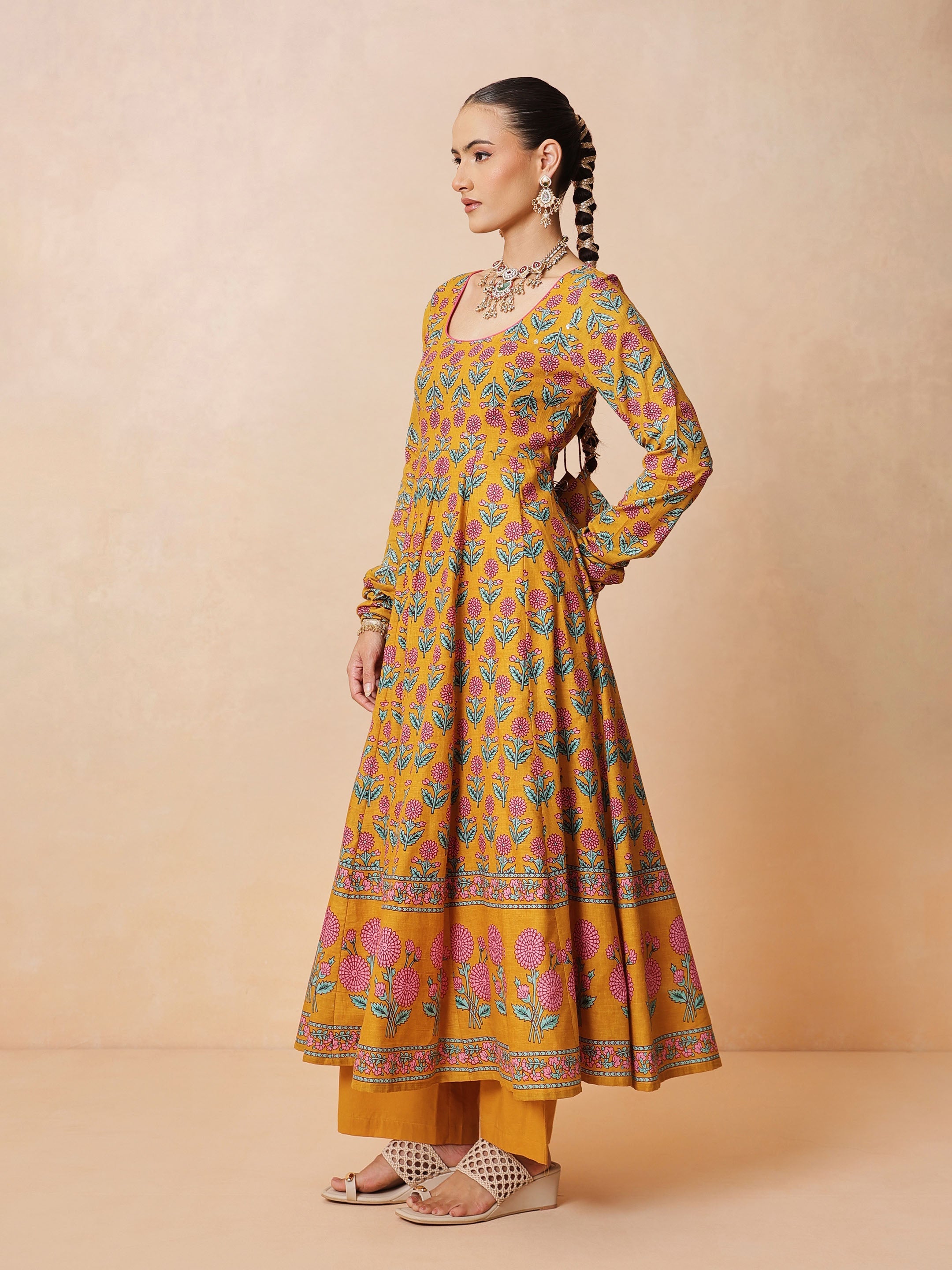 Women Yellow Floral Cotton Anarkali Kurta With Pencil Pants & Dupatta