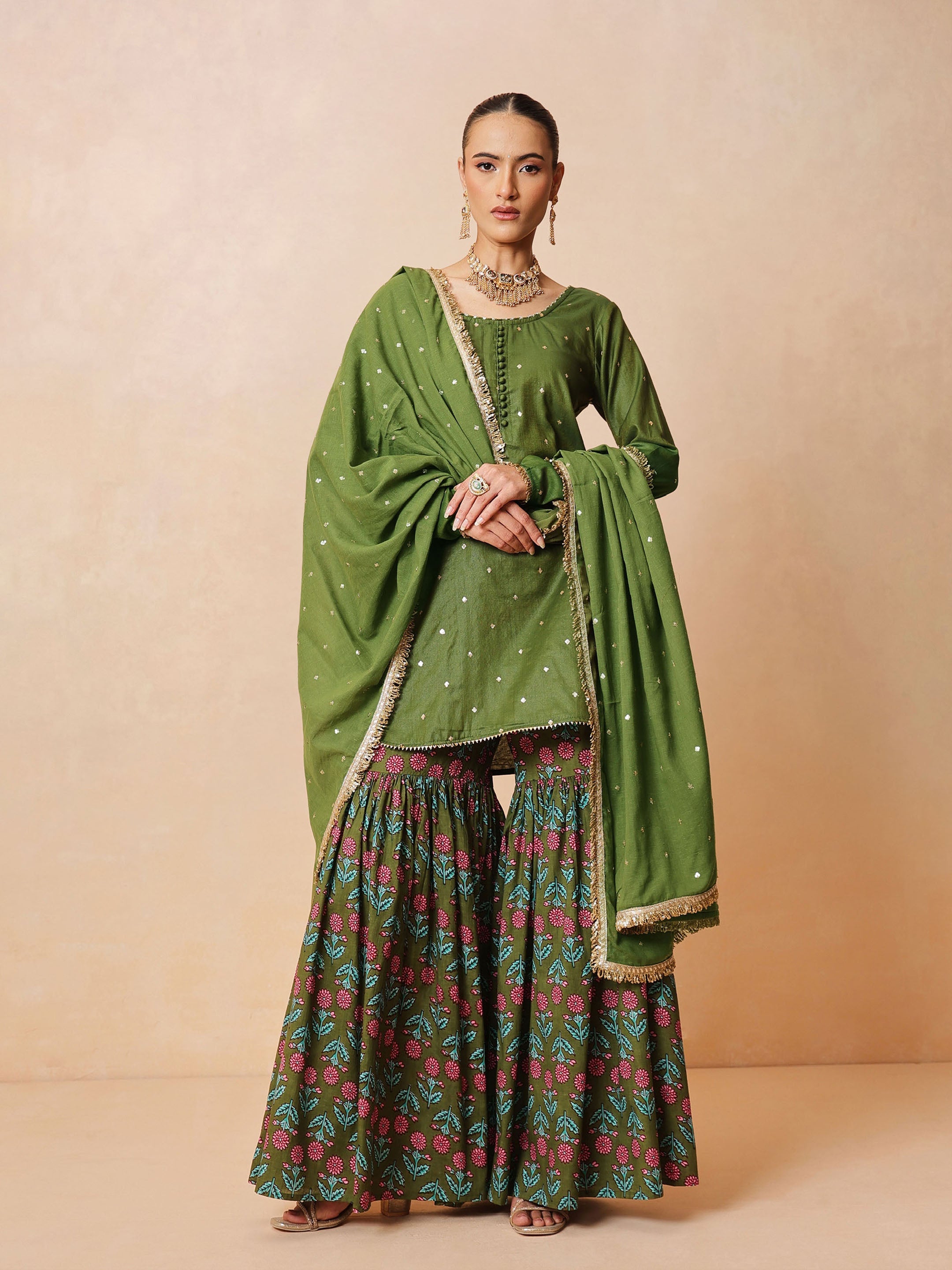 Women Olive Embroidered Short Kurta With Sharara Pants & Dupatta