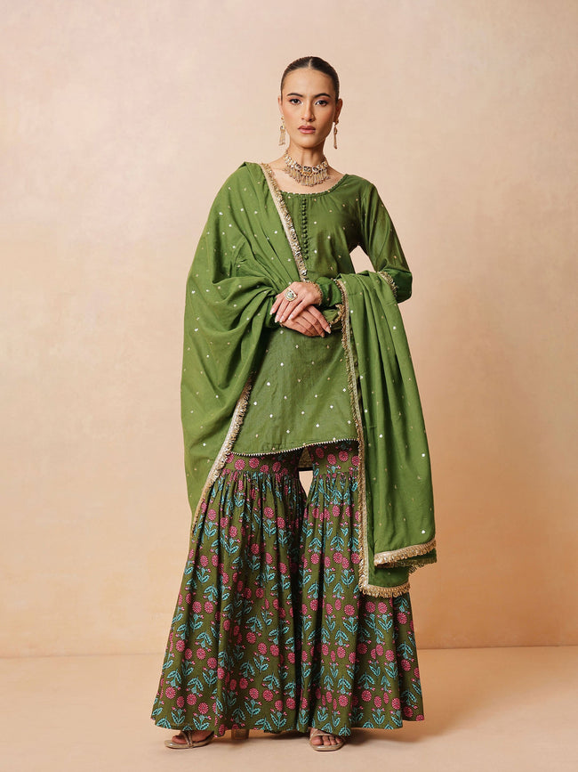 Women Olive Embroidered Short Kurta With Sharara Pants & Dupatta
