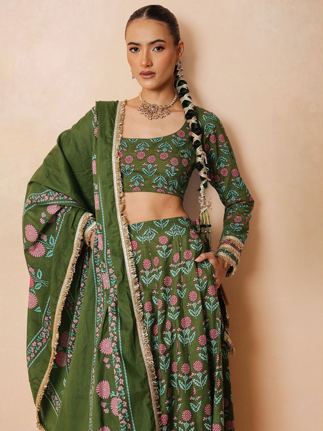 Women Olive Floral Round Neck Crop Top With Anarkali Skirt & Dupatta