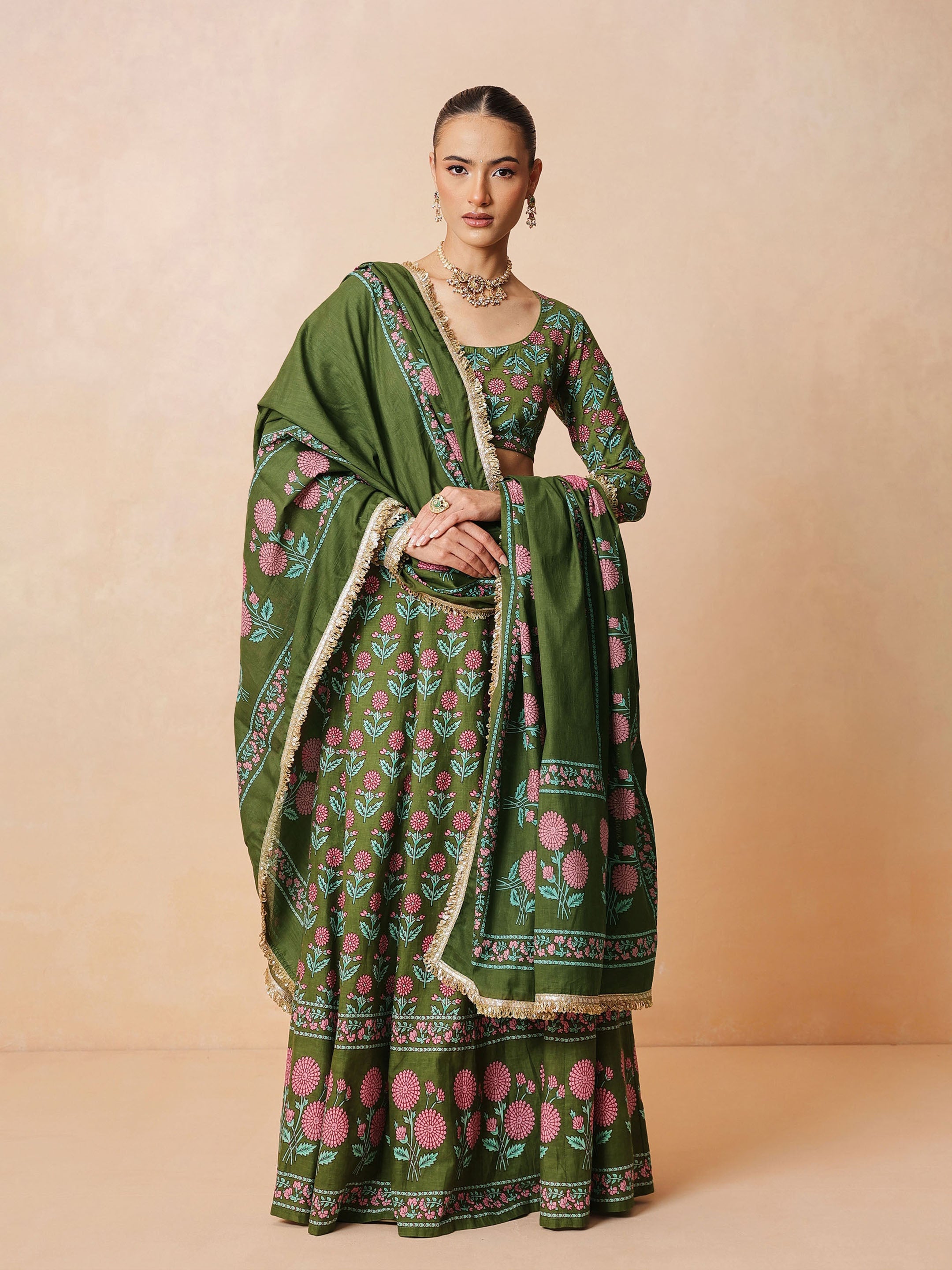 Women Olive Floral Round Neck Crop Top With Anarkali Skirt & Dupatta