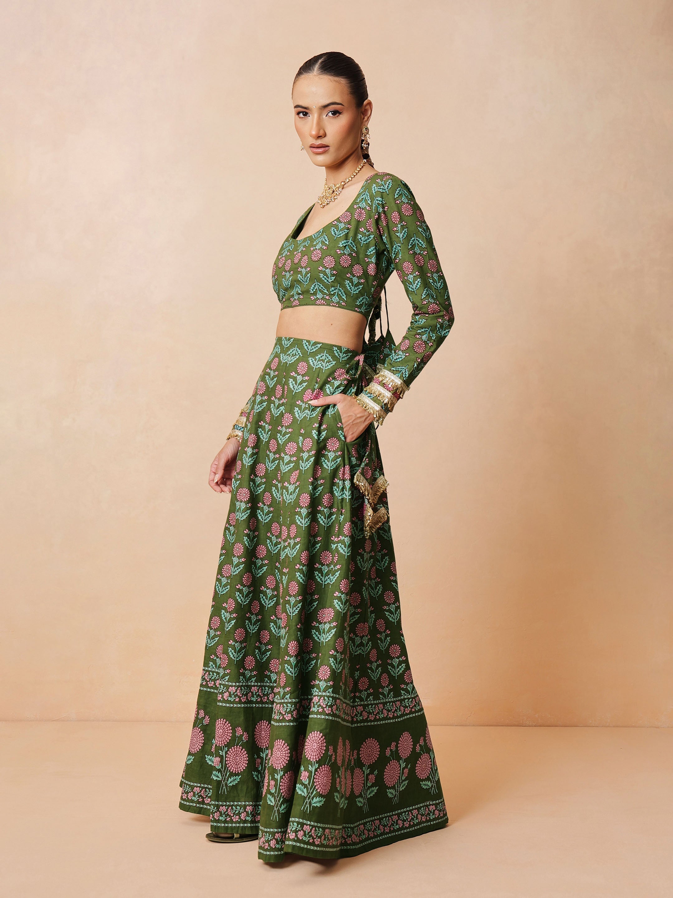 Women Olive Floral Round Neck Crop Top With Anarkali Skirt & Dupatta