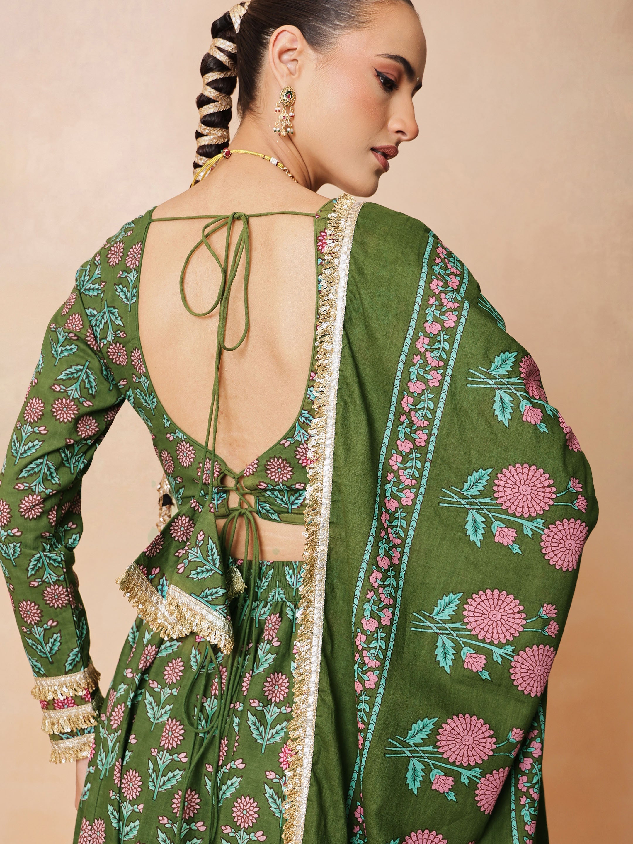 Women Olive Floral Round Neck Crop Top With Anarkali Skirt & Dupatta