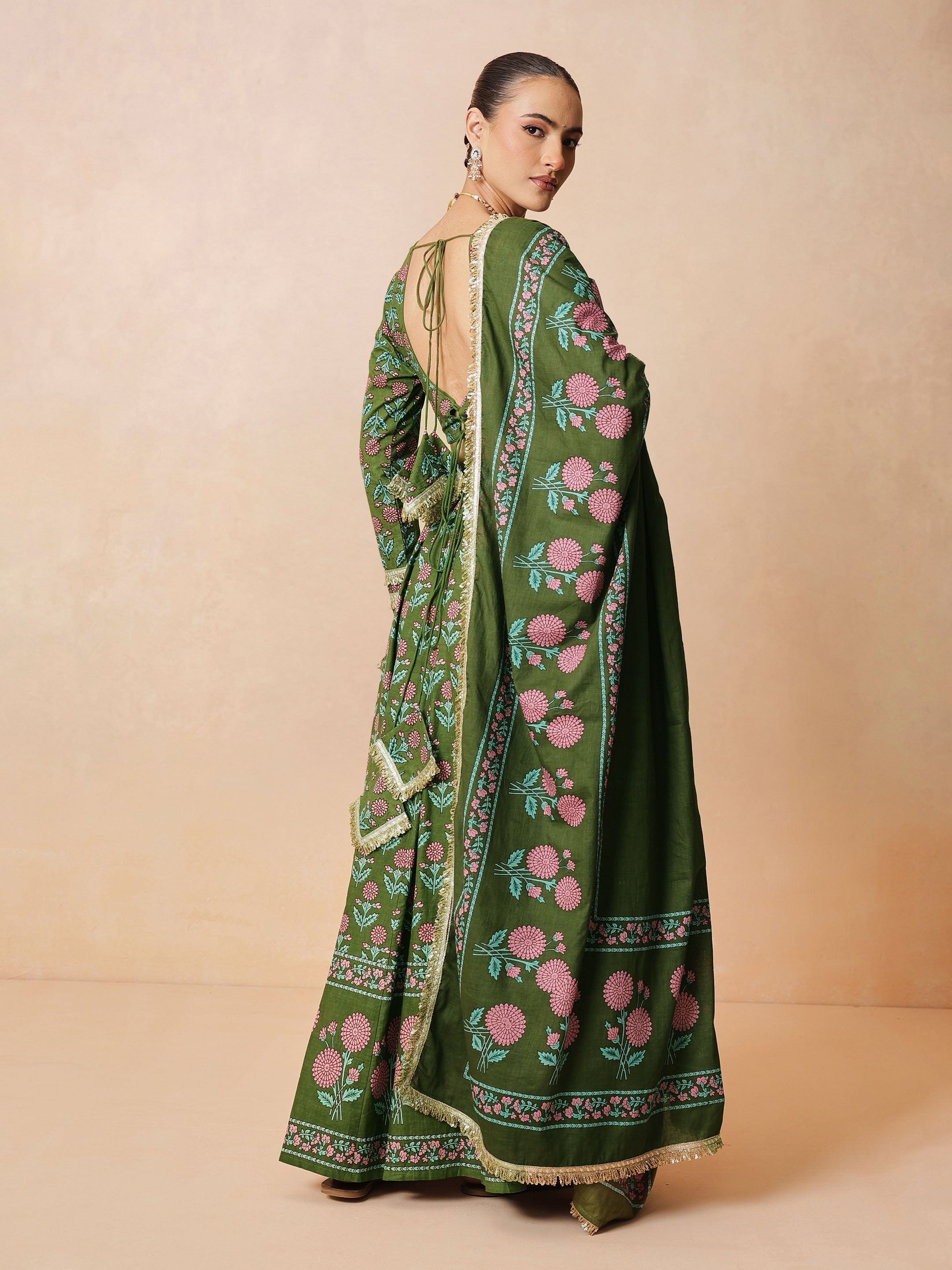 Women Olive Floral Round Neck Crop Top With Anarkali Skirt & Dupatta