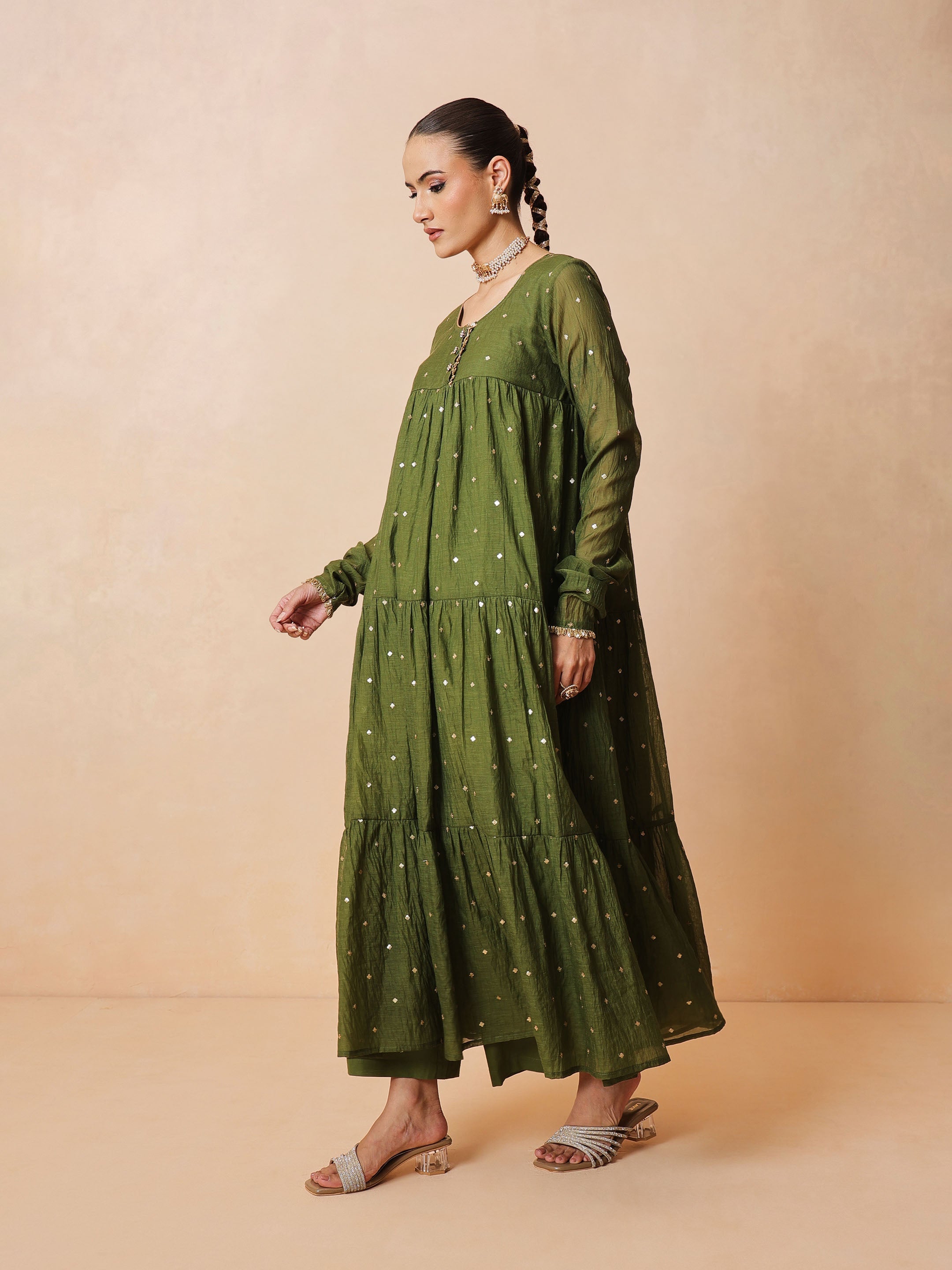 Women Olive Chanderi Tiered Kurta With Straight Pants & Dupatta