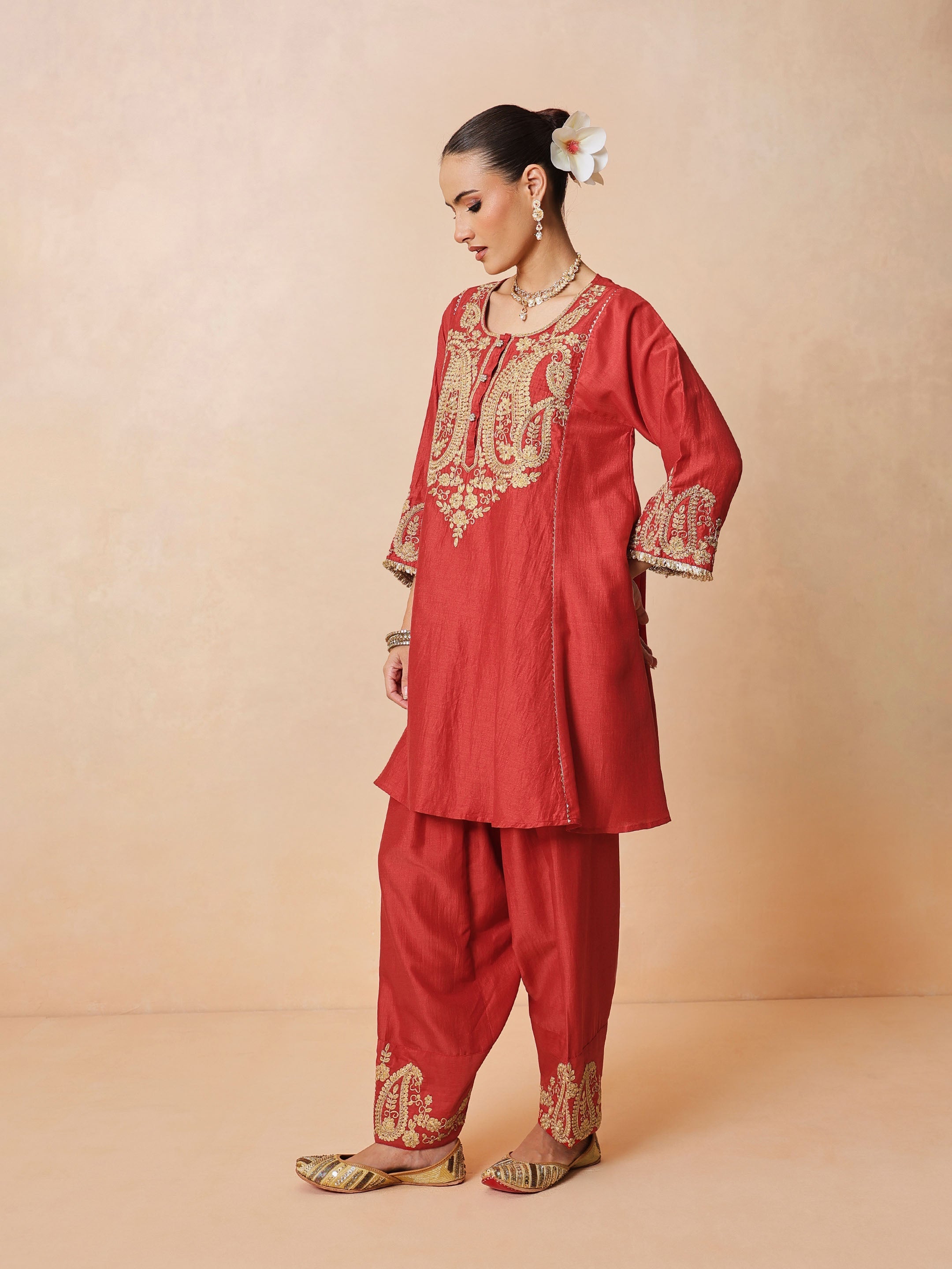 Women Maroon Embroidered Choga Kurta With Farshi Salwar & Dupatta