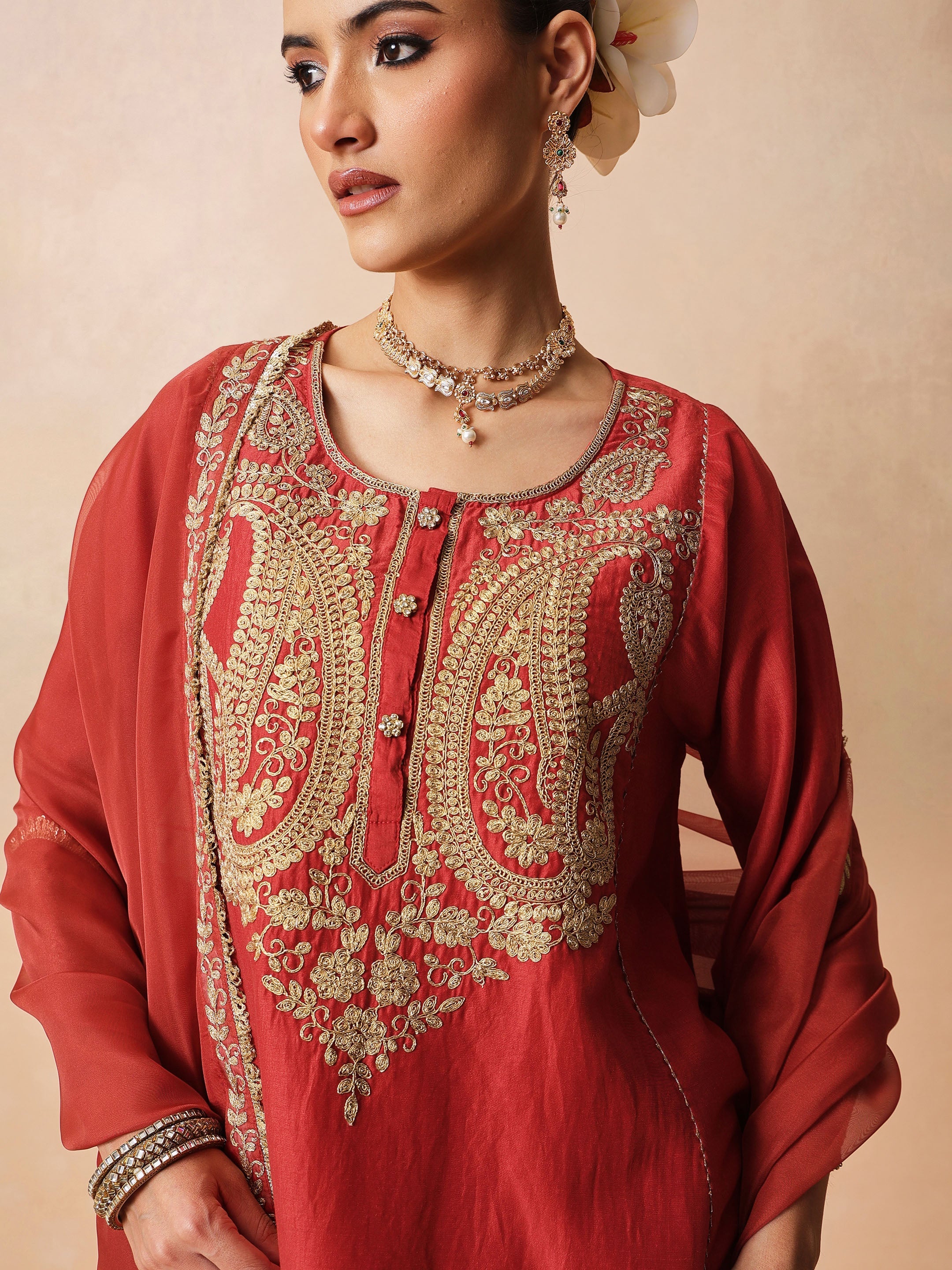 Women Maroon Embroidered Choga Kurta With Farshi Salwar & Dupatta