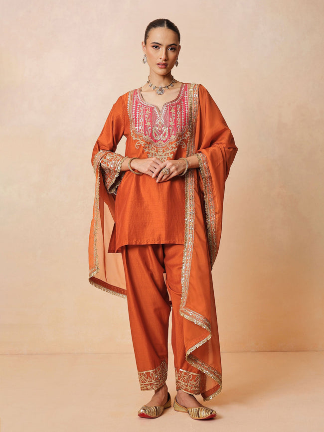 Women Orange Embroidered Short Kurta With Farshi Salwar & Dupatta