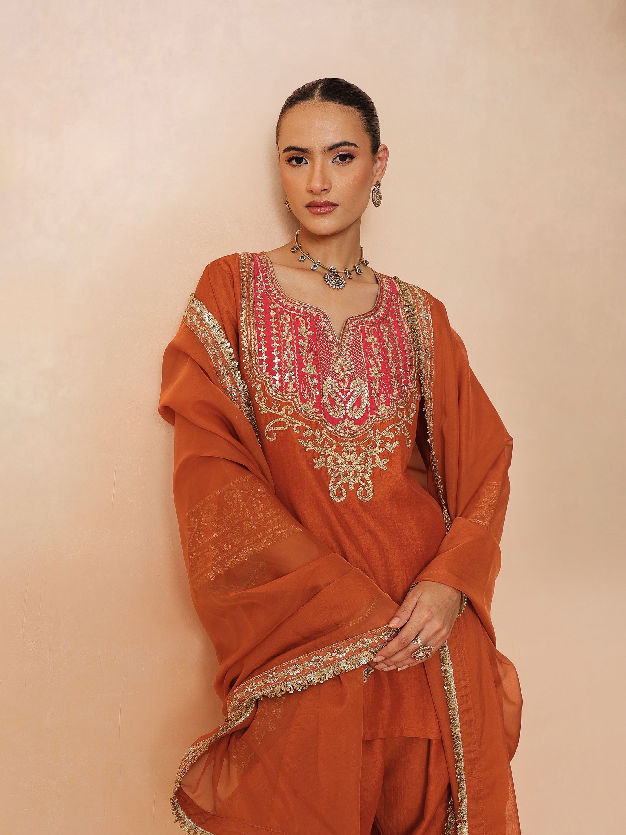 Women Orange Embroidered Short Kurta With Farshi Salwar & Dupatta