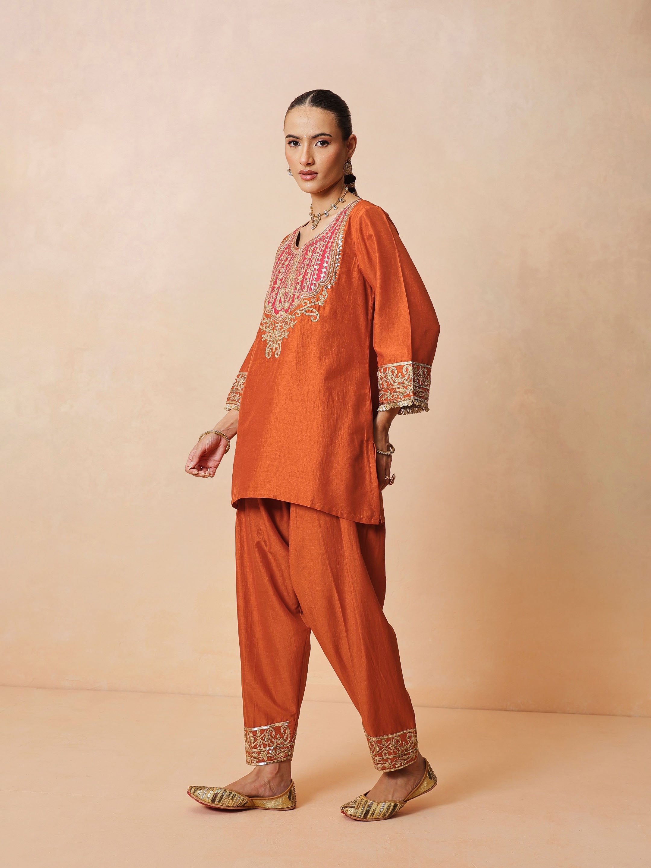 Women Orange Embroidered Short Kurta With Farshi Salwar & Dupatta