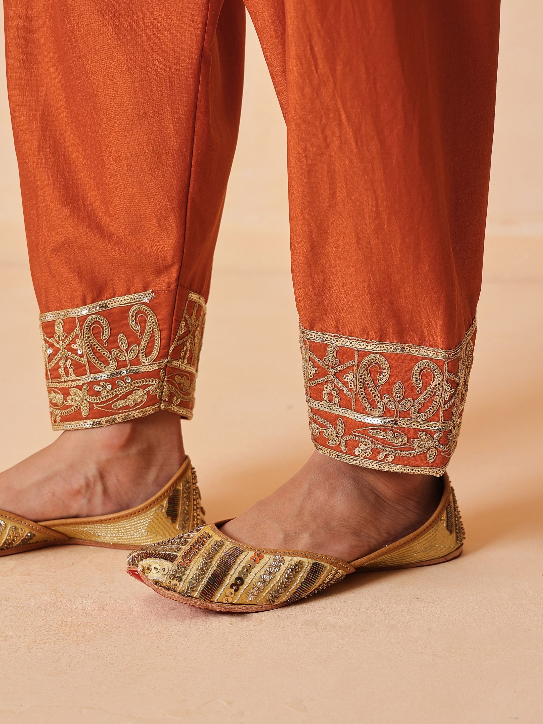 Women Orange Embroidered Short Kurta With Farshi Salwar & Dupatta